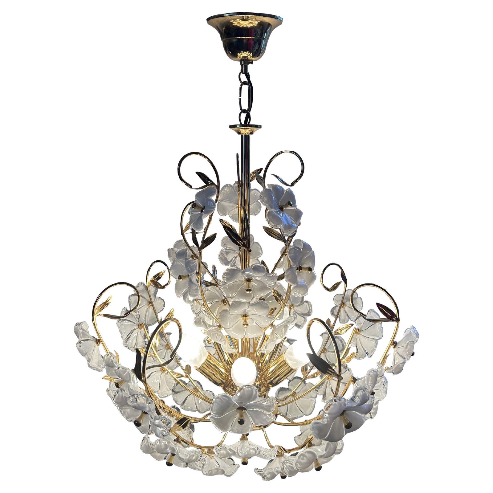 Dew And Gold, Majestic Murano White Flowers Chandelier, 1980's
