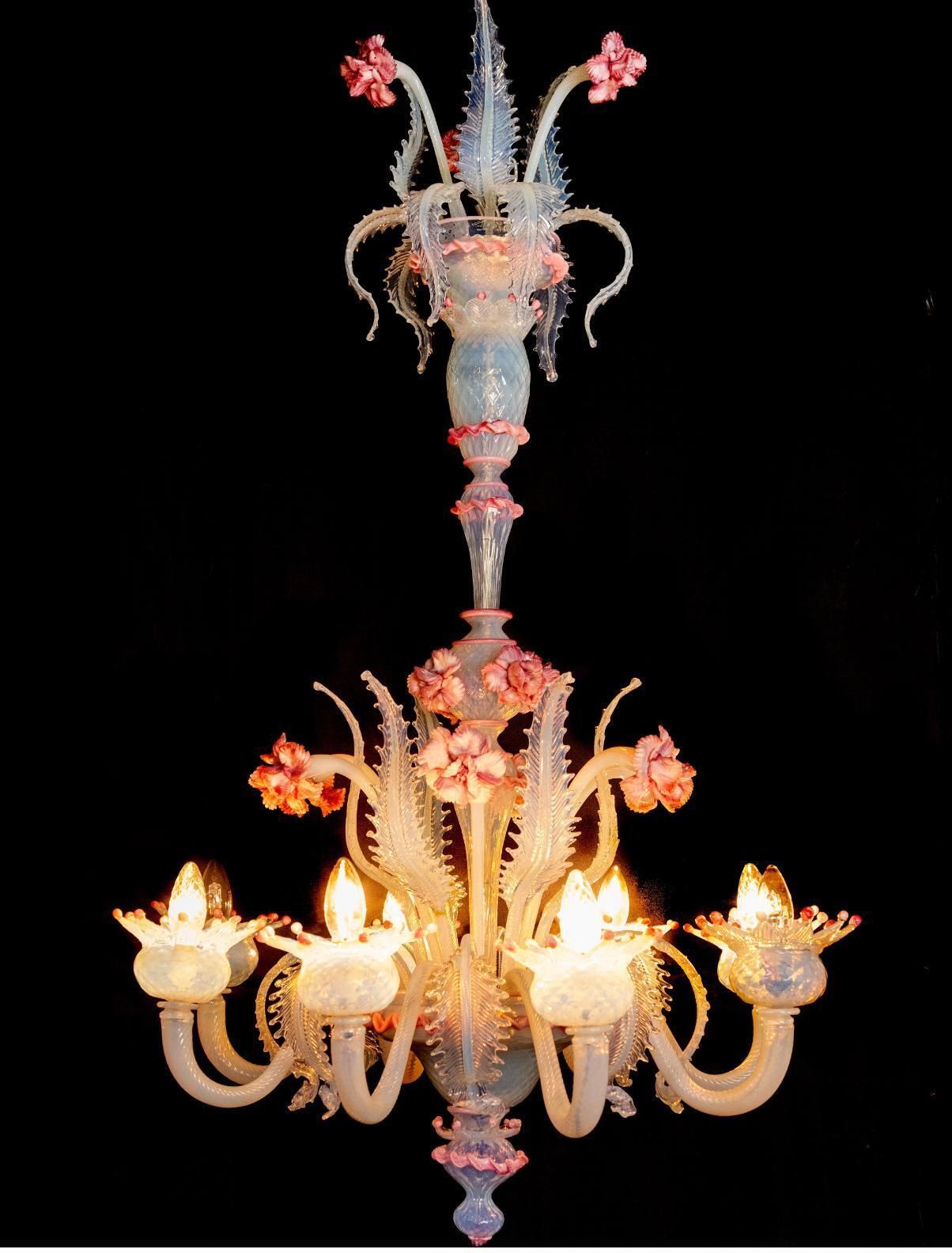 Stunning Trio Light Blue And Pink Venetian Chandeliers, Murano, 1950s photo for sale