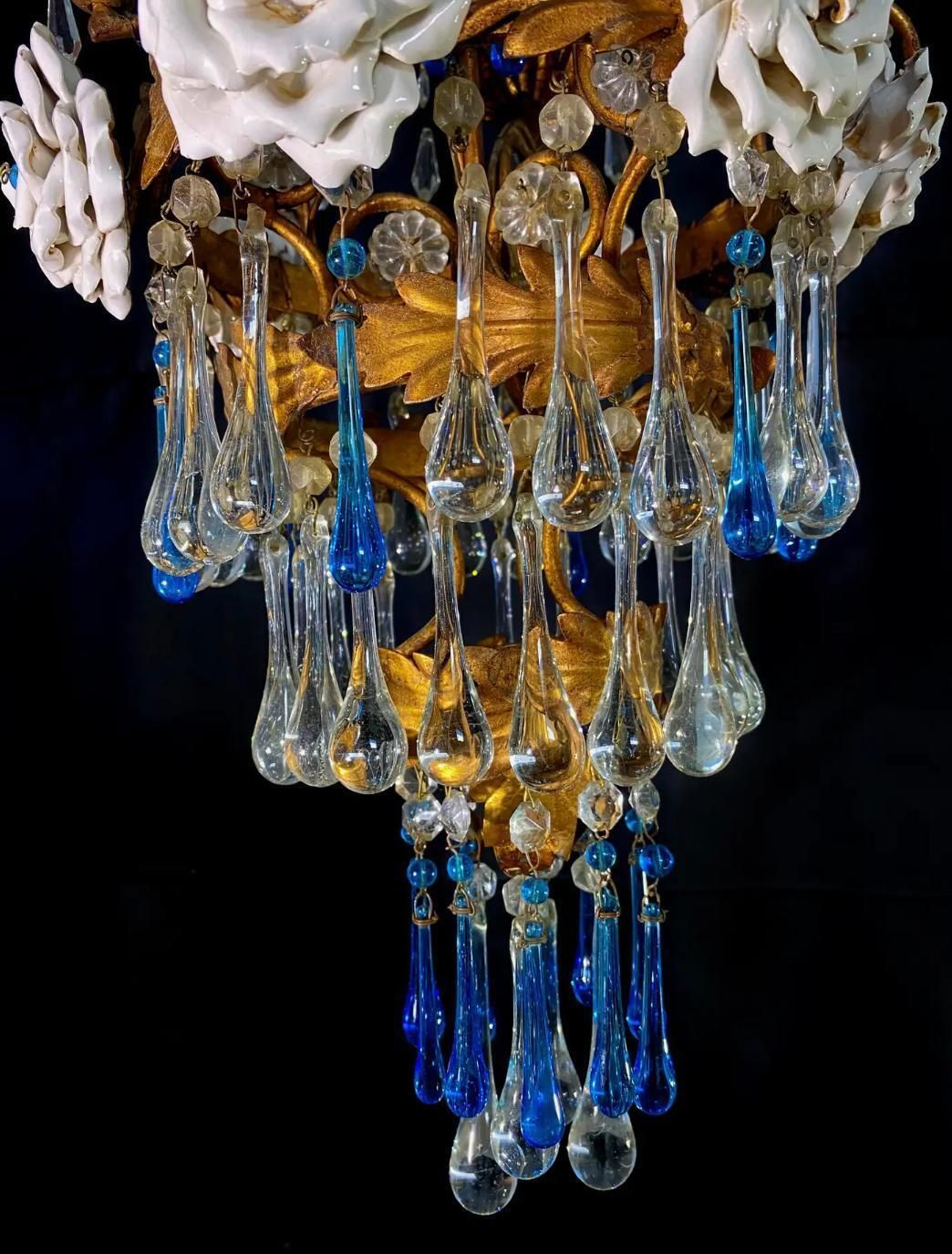 photo vinterior Pair Of Lovely Chandeliers With White Roses And Blue Drops, Murano, 1950s