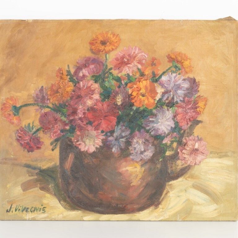 French Impressionistic Still Life Flowers Oil Painting On Canvas Signed photo furniture