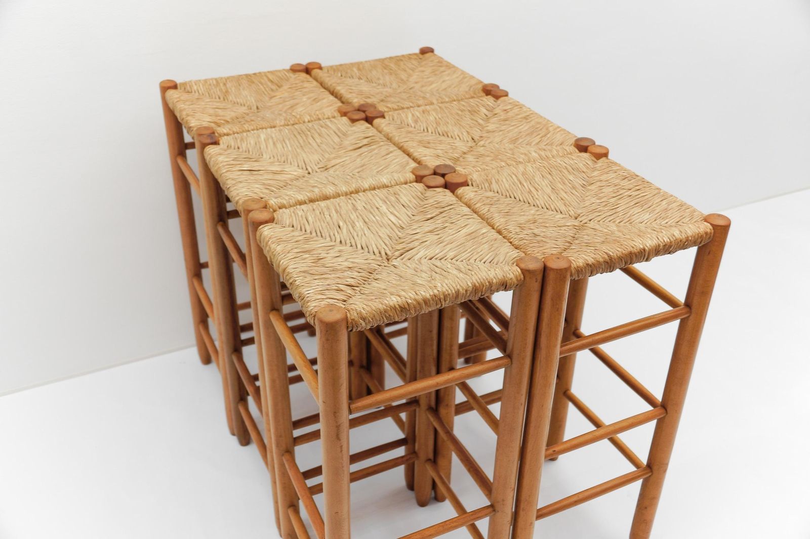Set Of 6 Mid Century Bar Stools In Wood And Bast, 1960s Italy photo vintage