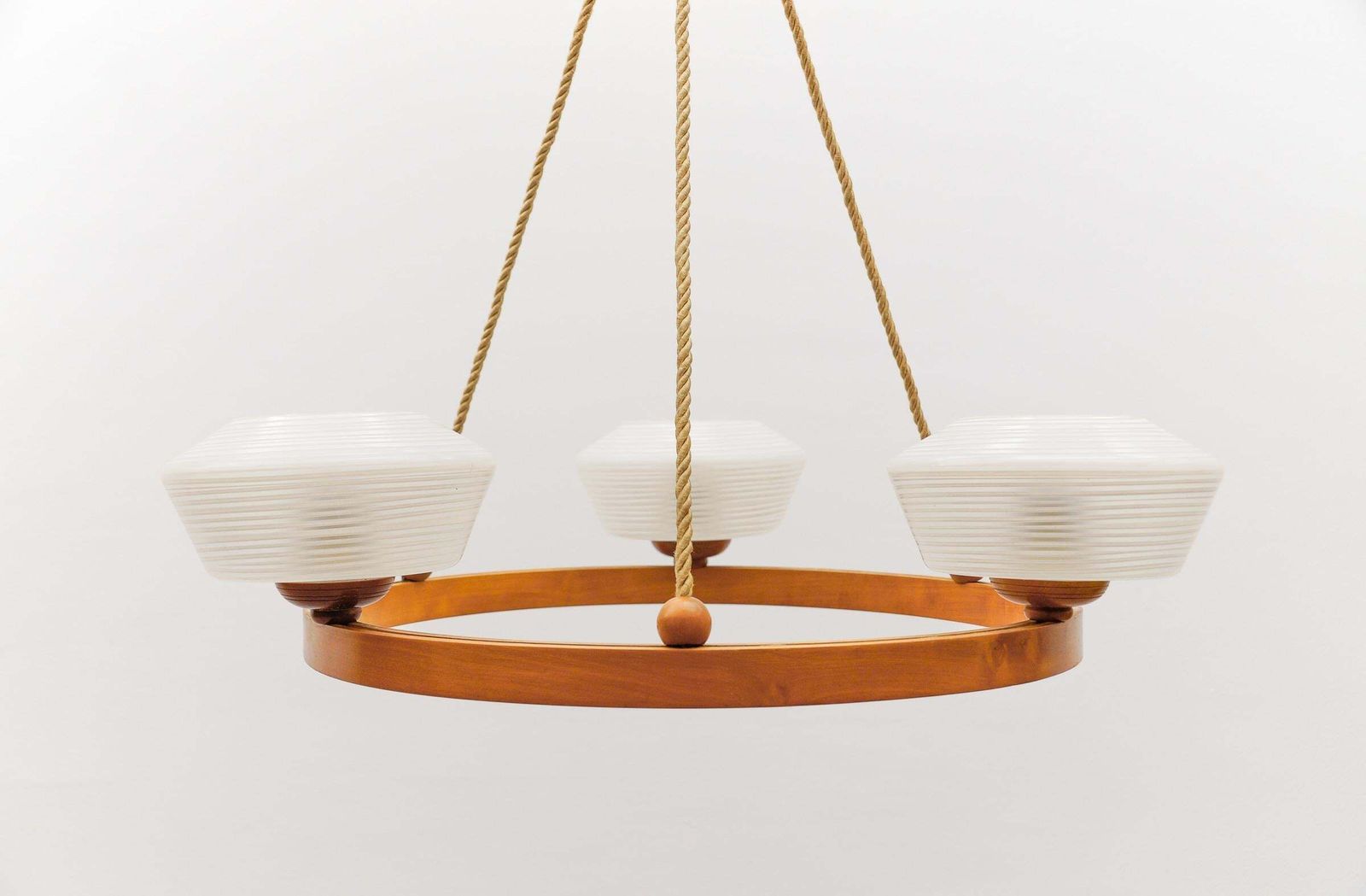 photo for sale Lovely Round Plywood Scandinavian Mid Century Modern Ceiling Lamp, 1950s