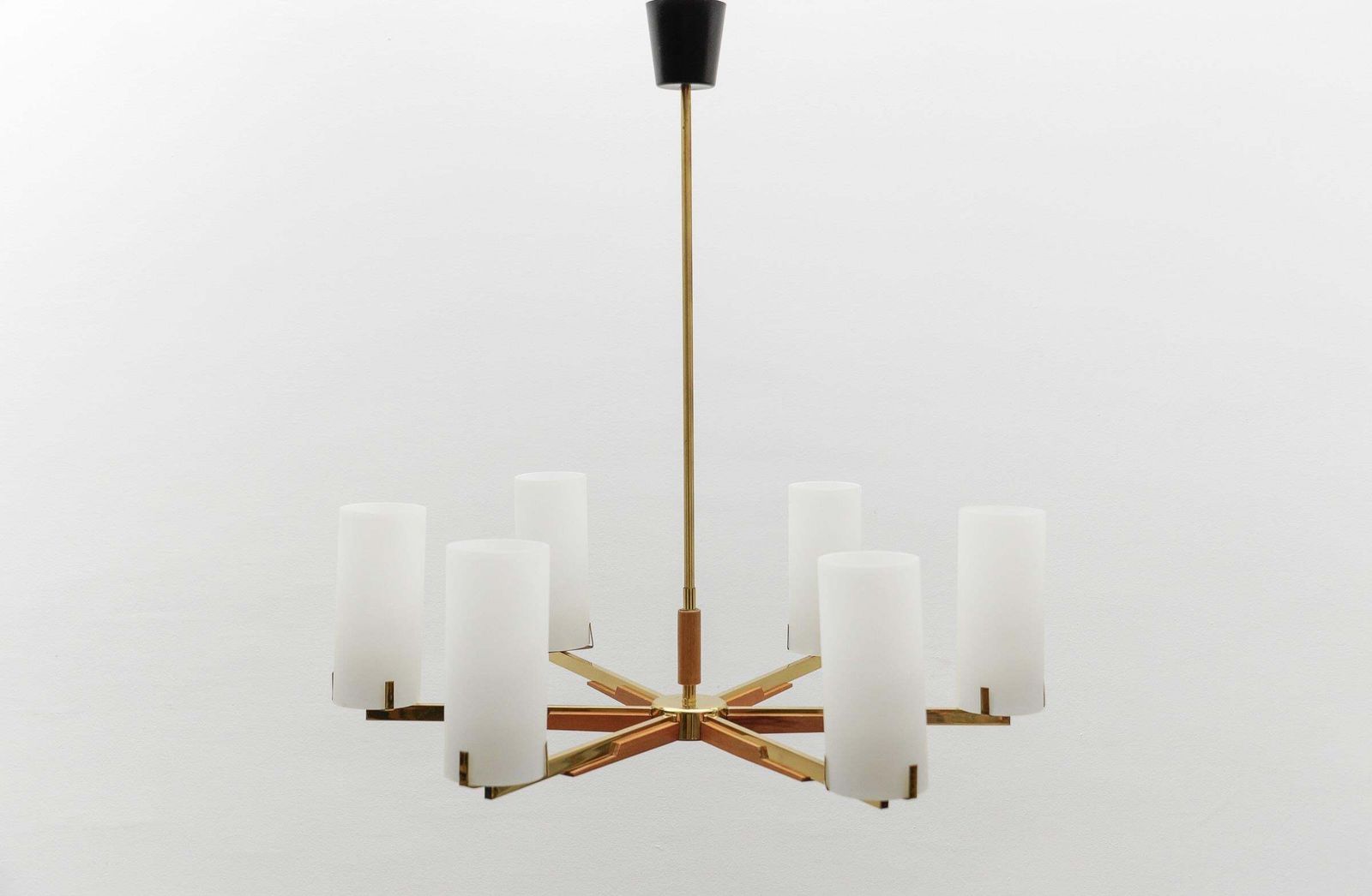 Teak, Brass And Opaline Glass Pendant Lamp By Kaiser Leuchten, 1960s photo for sale