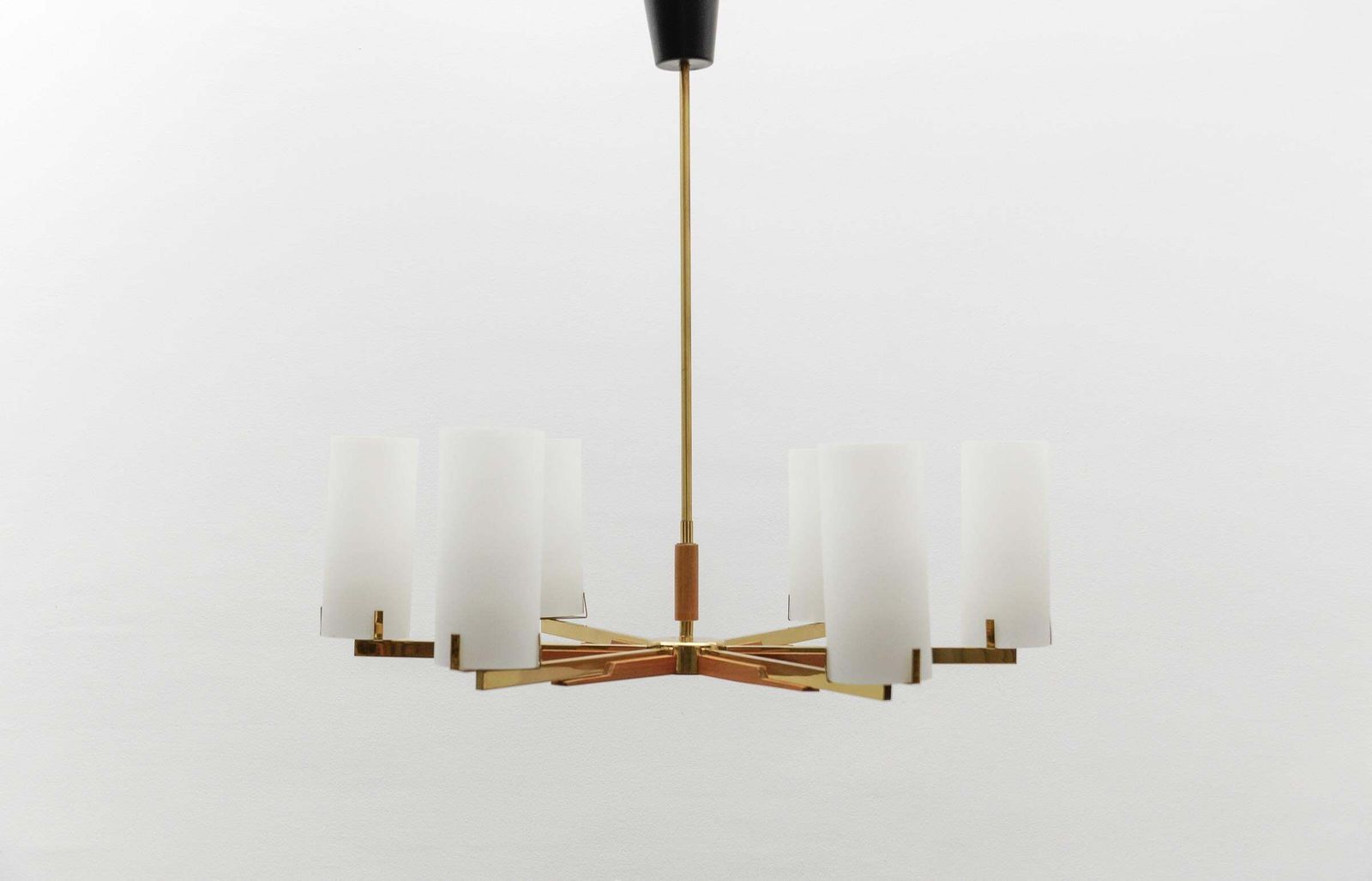 Teak, Brass And Opaline Glass Pendant Lamp By Kaiser Leuchten, 1960s photo Lighting