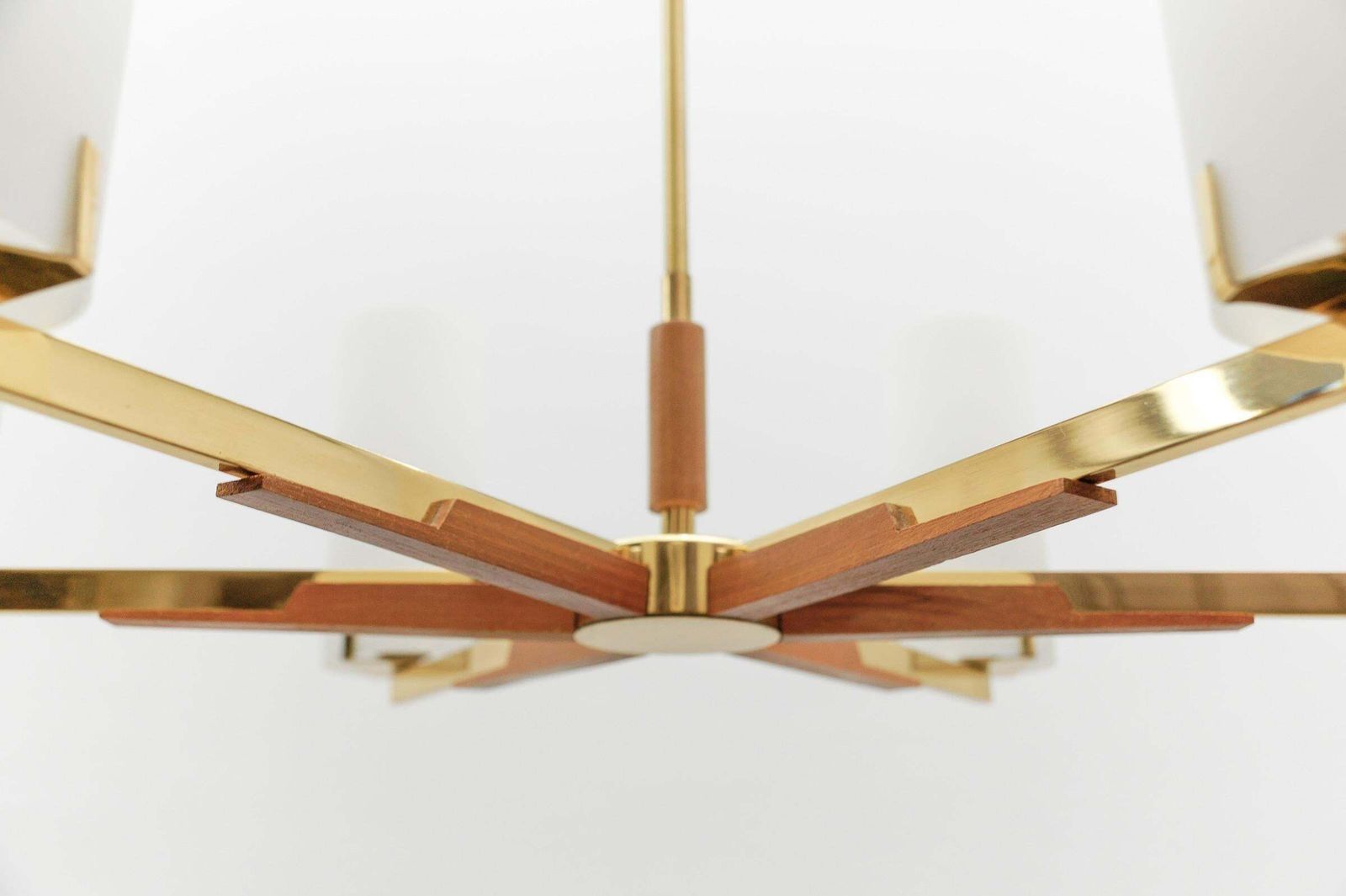 Lighting Teak, Brass And Opaline Glass Pendant Lamp By Kaiser Leuchten, 1960s photo