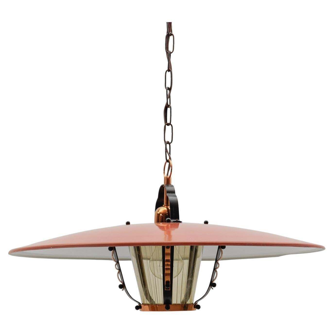Beautiful Mid Century Modern Hanging Lamp In Glass, Copper And Metal, 1950s