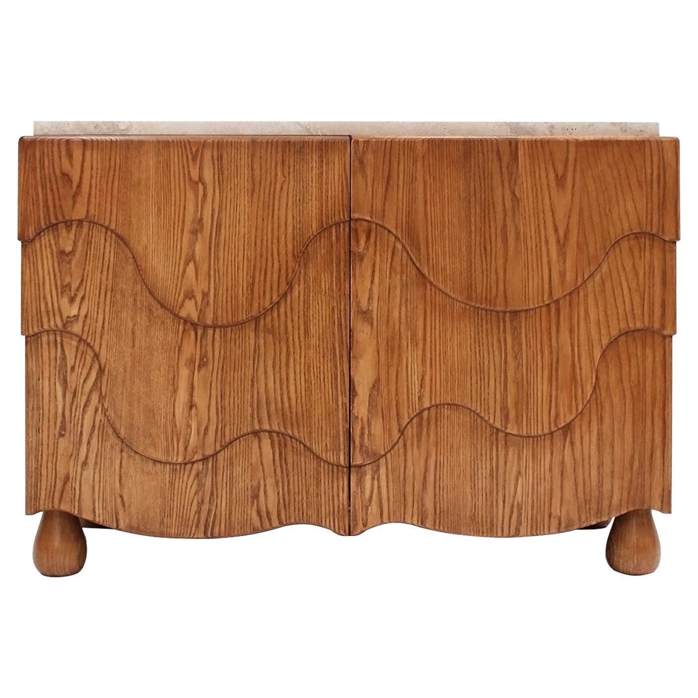 Pair Of Oak Wood Sideboards With Travertine Top. Italian Contemporary Design
