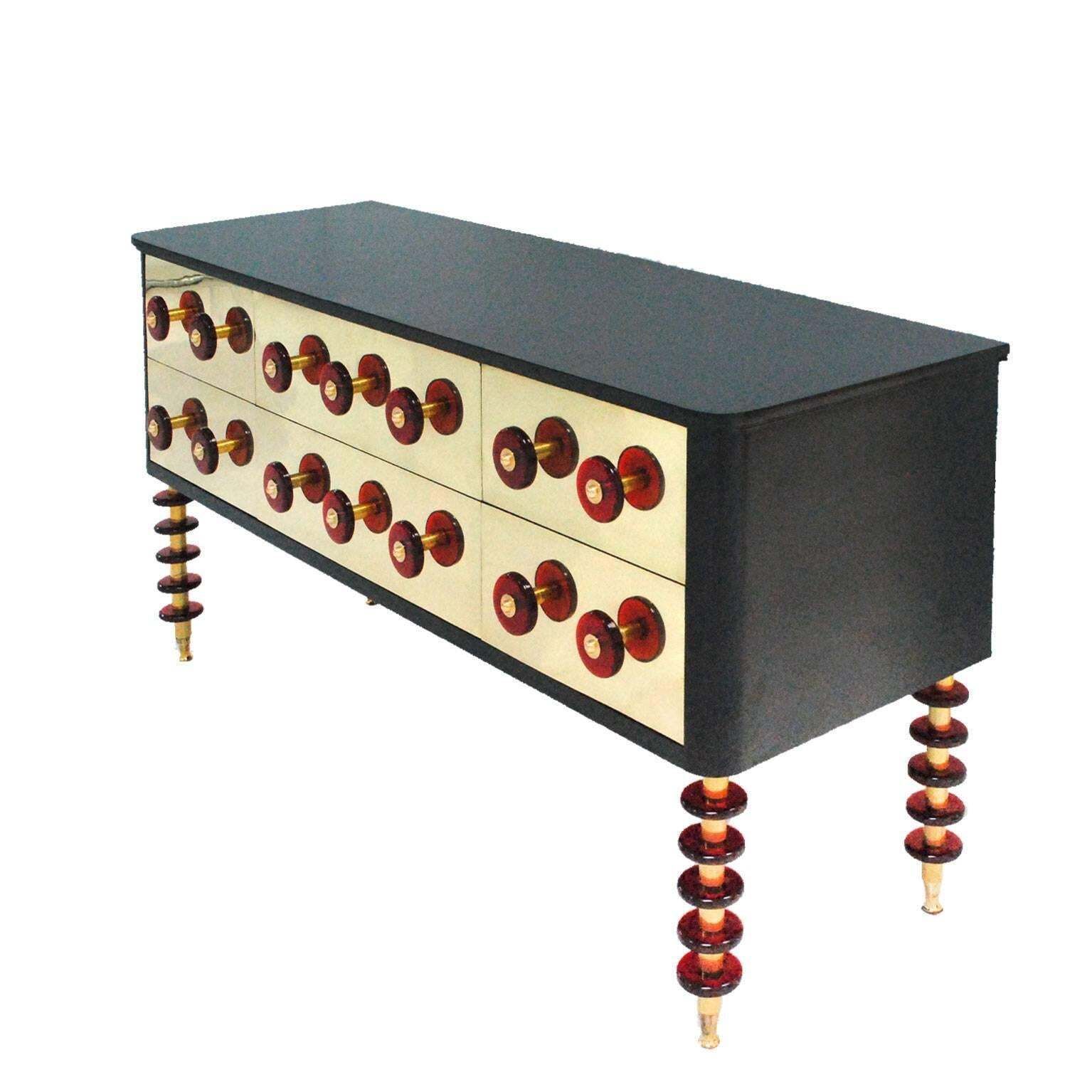 Midcentury Style Italian Sideboard Made Of Solid Wood Murano Glass And Brass photo for sale