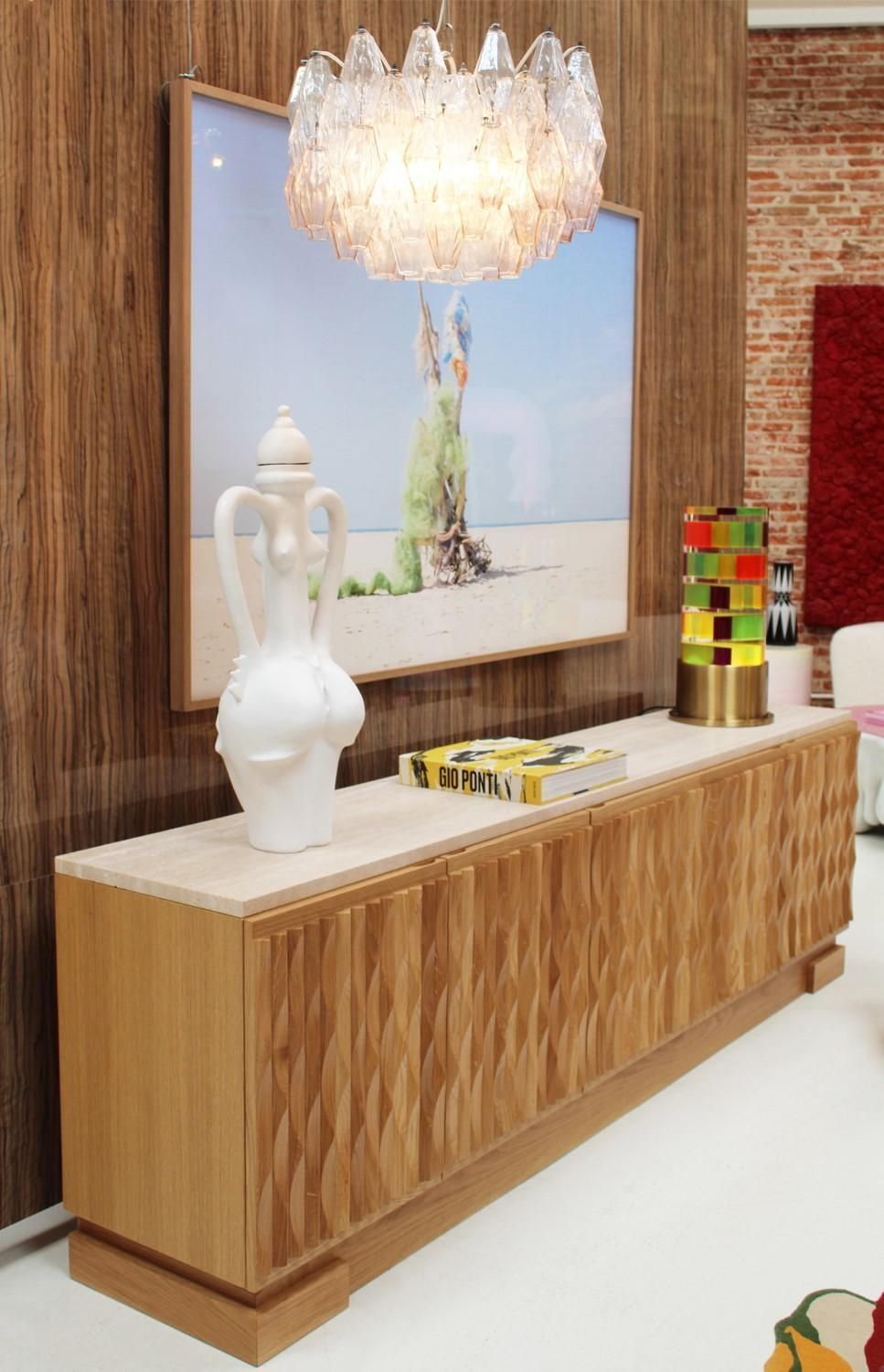 photo furniture Italian Oak Wood Sideboard With Hand Carved Patterns And Travertine Marble Top