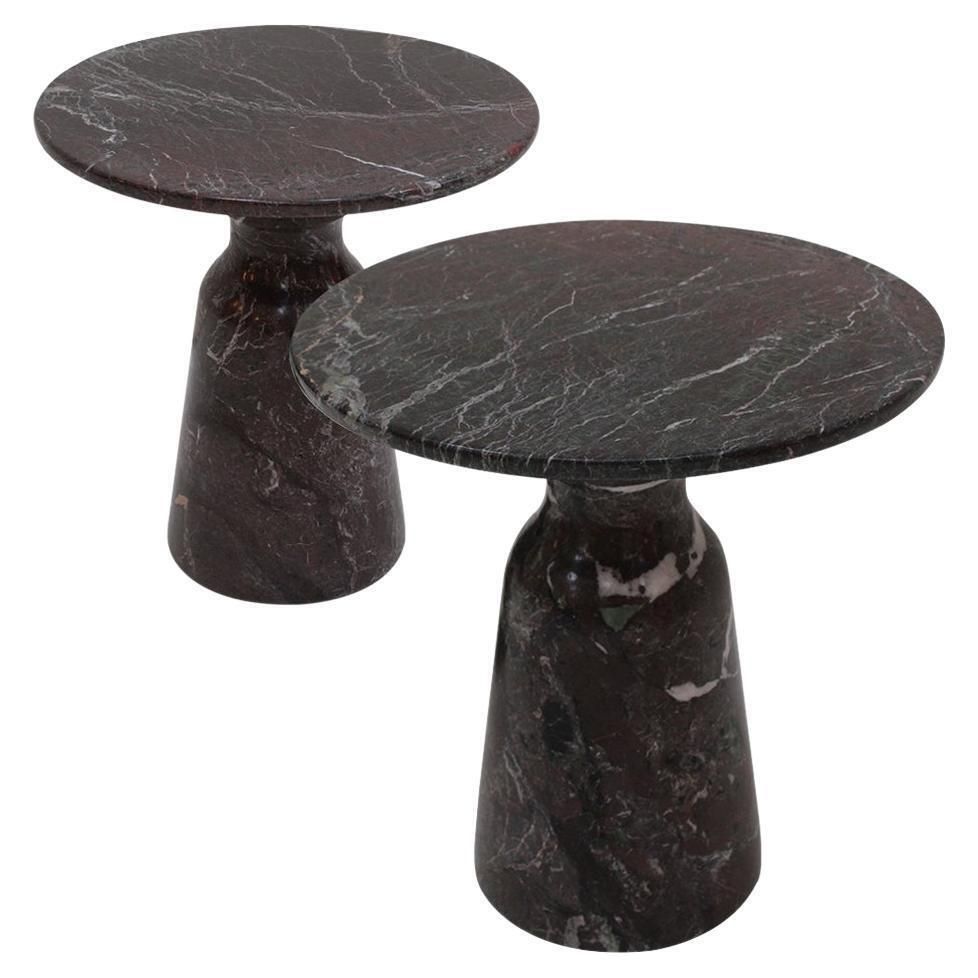 Mid Century Modern Pair Of Round Marble Rosso Levanto End Tables, Italy 70s