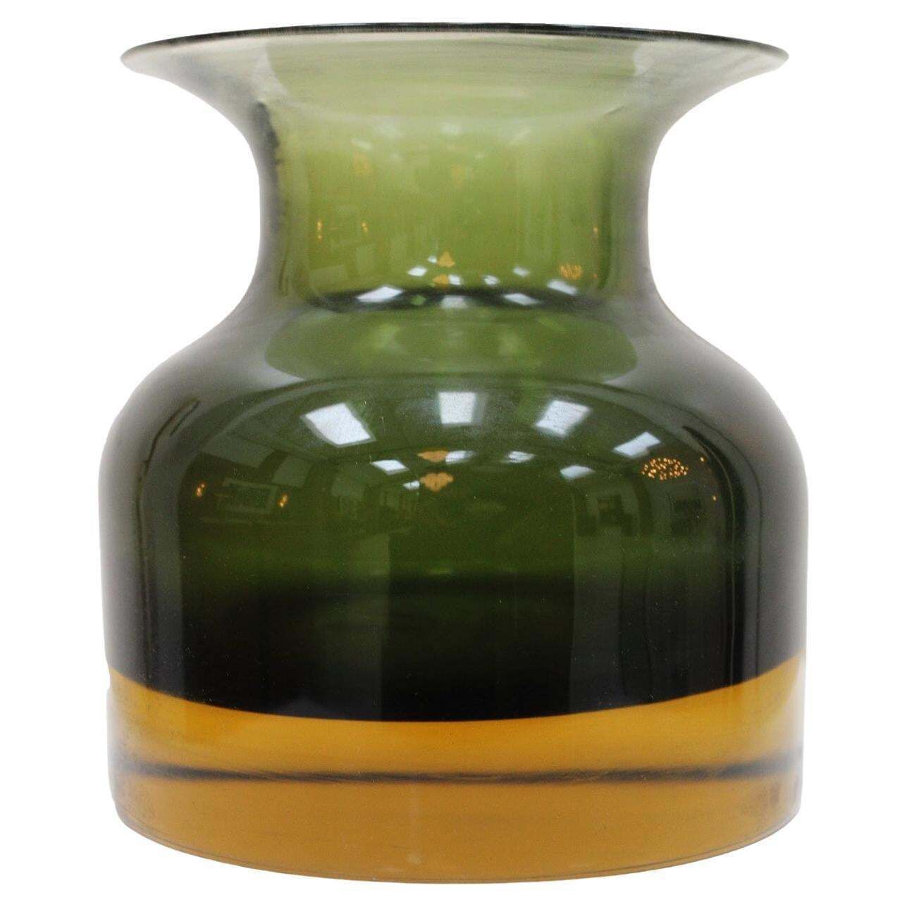 Mid Century Modern Dark Green Sommerso Murano Glass Vase By Flavio Poli 1950