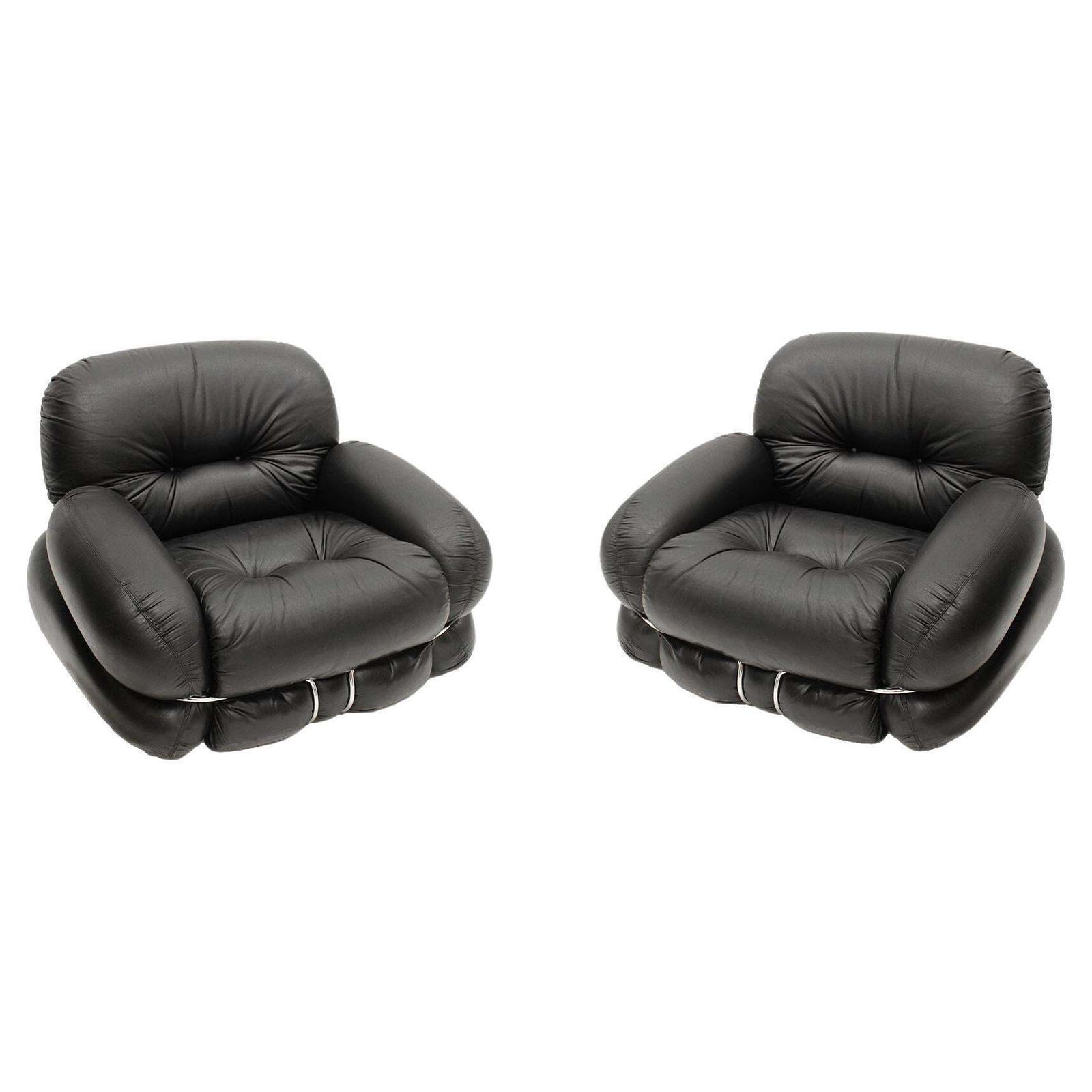 Italian Pair Of Okay Armchairs By Adriano Piazzesi With Black Leather And Steel