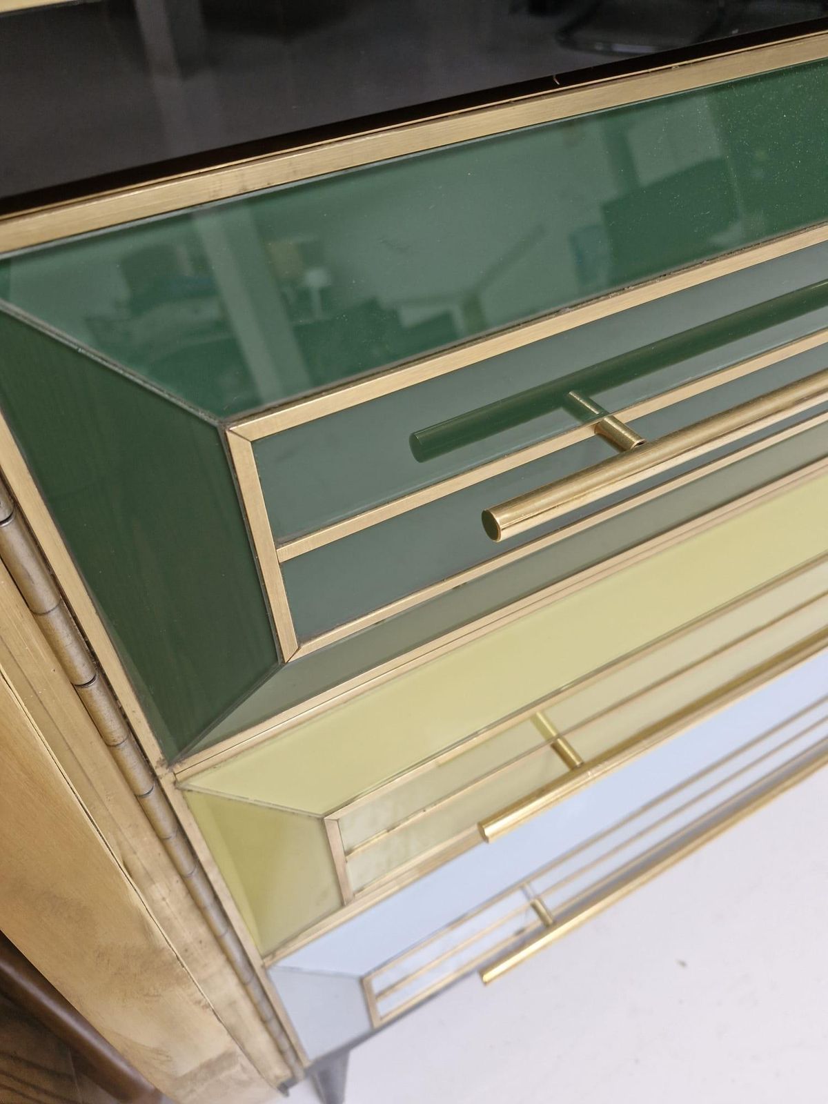 photo for sale Mid Century Solid Wood And Colored Glass Bar Furniture, Italy 1950's