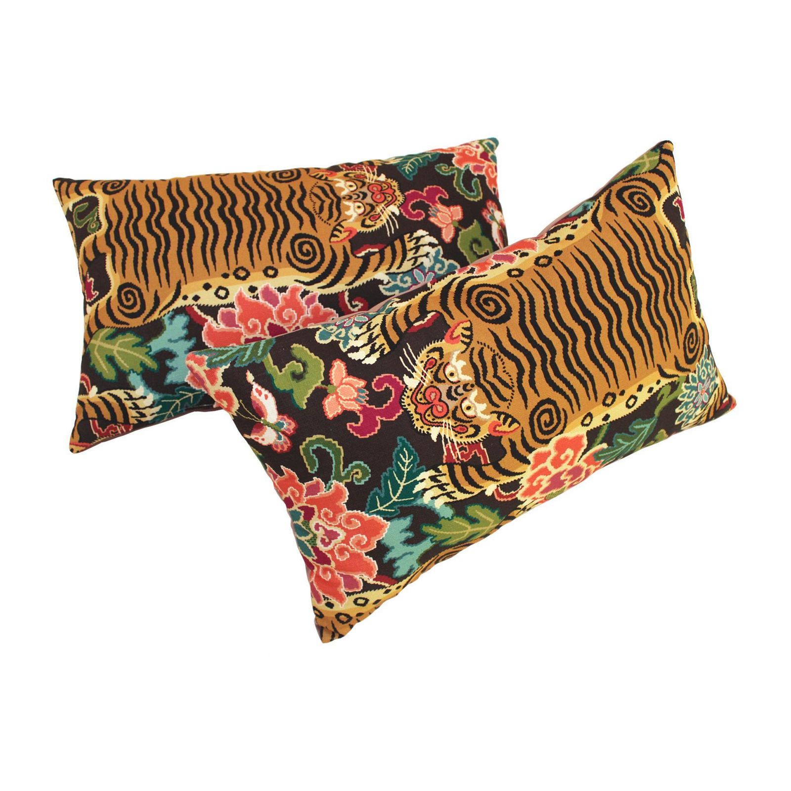 Pair Of Cushions With Contemporary Jungle Print & Yellow Velvet And Cotton photo furniture