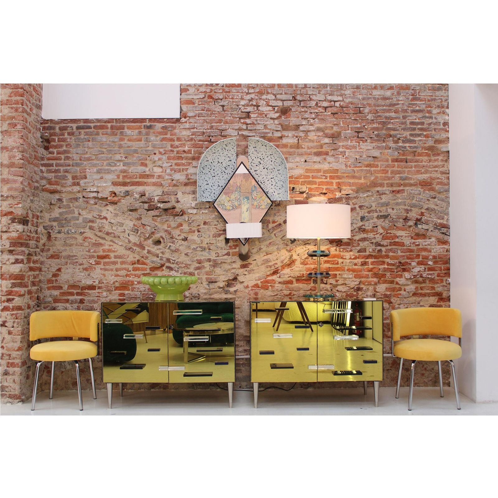 photo for sale Pair Of Bauhaus Style Chairs For Pizzi Arredamenti Upholstered In Yellow Cotton