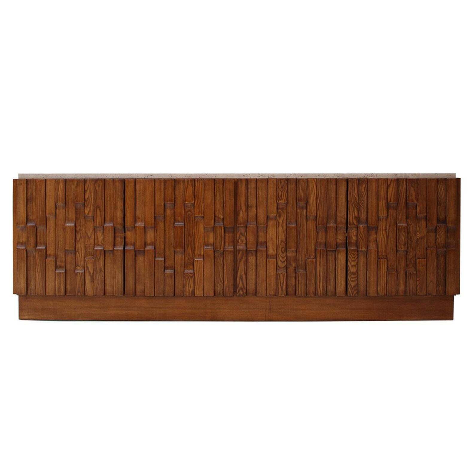 Italian Oak Wood Sideboard With Travertine Marble Top And Hand Carved Patterns