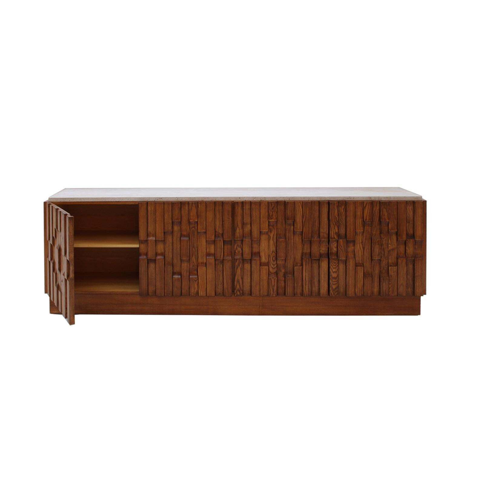 Italian Oak Wood Sideboard With Travertine Marble Top And Hand Carved Patterns photo for sale