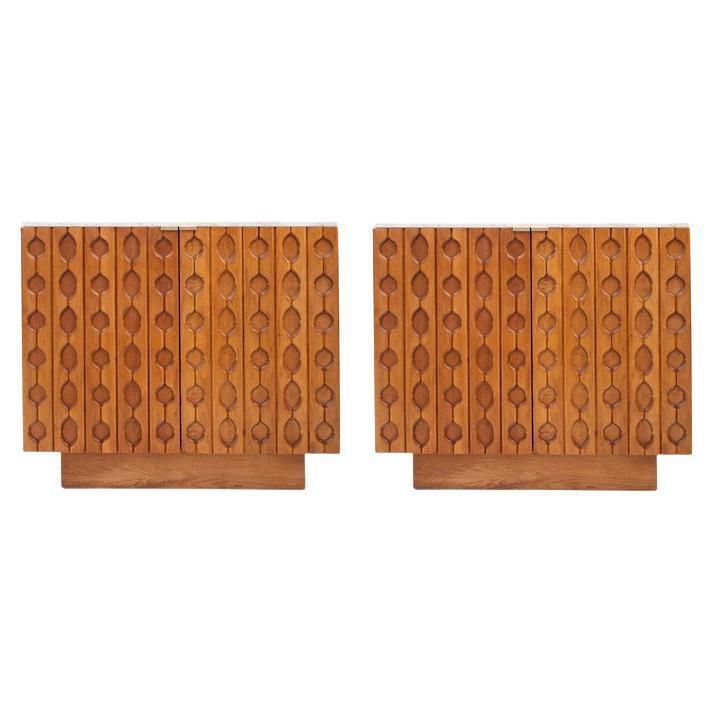 Contemporary Pair Of Italian Sideboards Made Of Solid Wood And Travertine