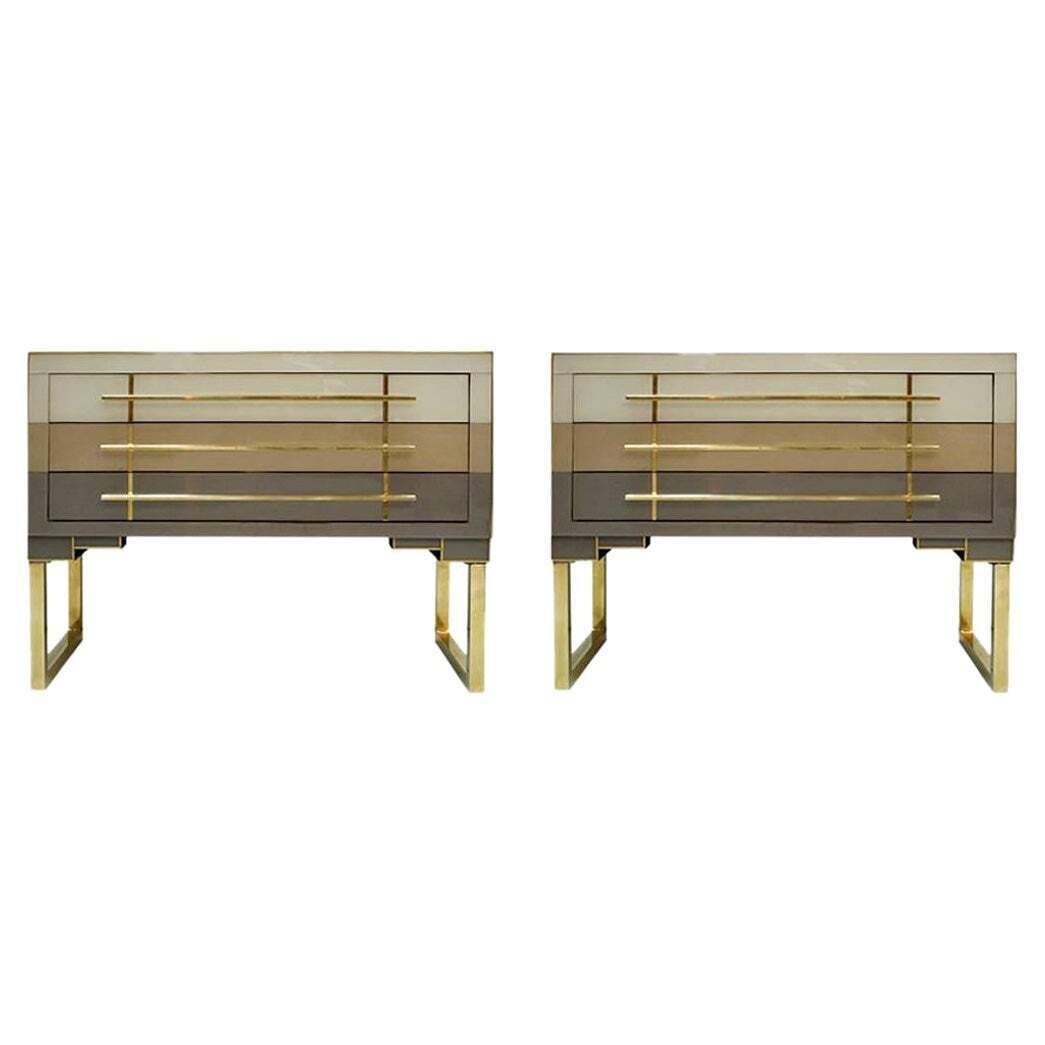 Mid Century Modern Style Murano Glass And Brass Pair Of Italian Commodes