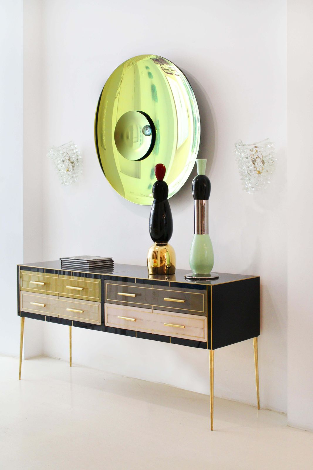 Mid Century Style Sideboard Made Of Solid Wood And Covered With Colored Glass photo vinterior