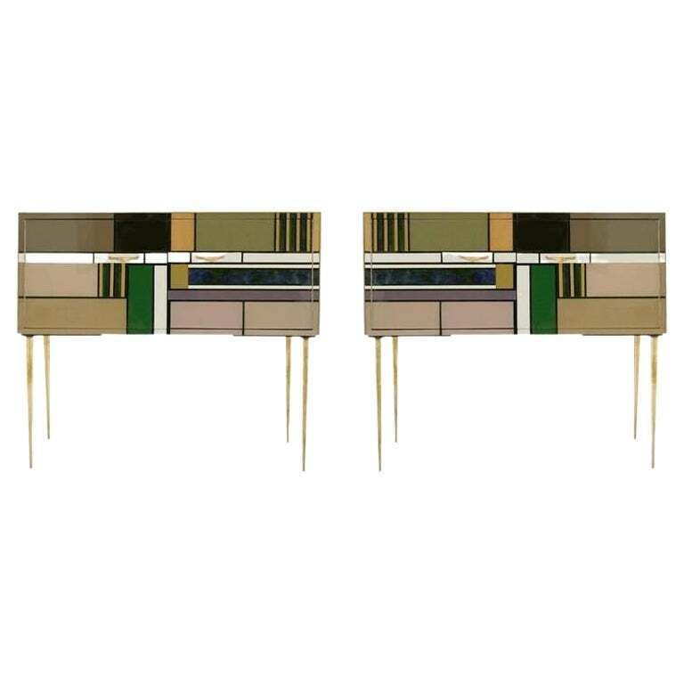 Midcentury Style Wood Colored Glass And Brass Pair Of Italian Sideboards