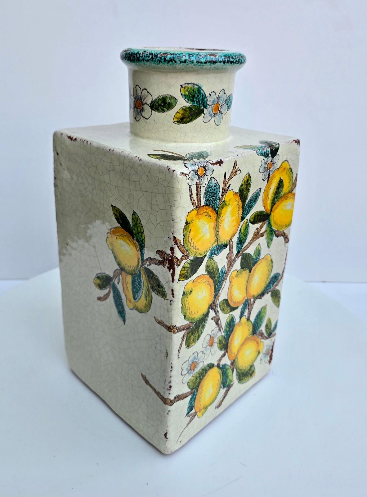 Hand Painted Italian Terracotta Vase With Lemons And Blossoms photo for sale