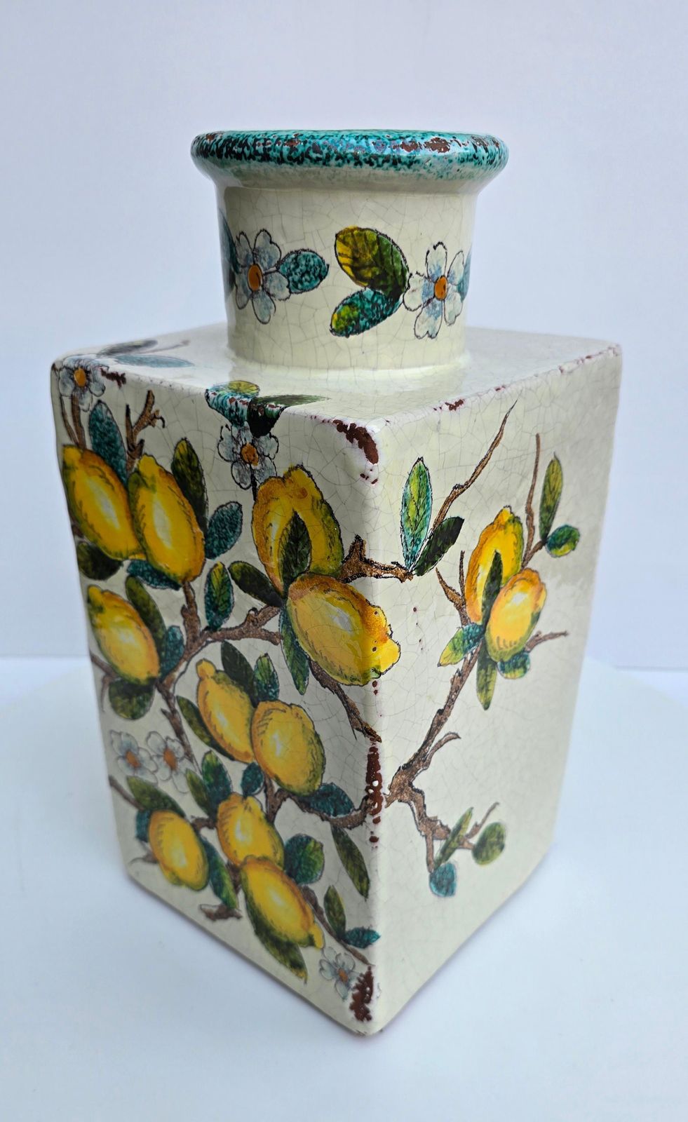 Hand Painted Italian Terracotta Vase With Lemons And Blossoms photo Home Decor
