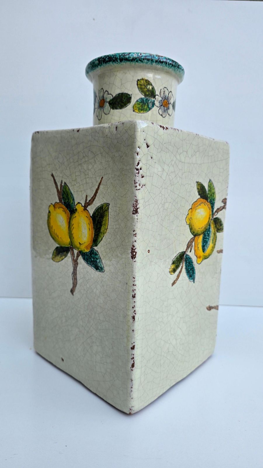 1244.0 Hand Painted Italian Terracotta Vase With Lemons And Blossoms photo