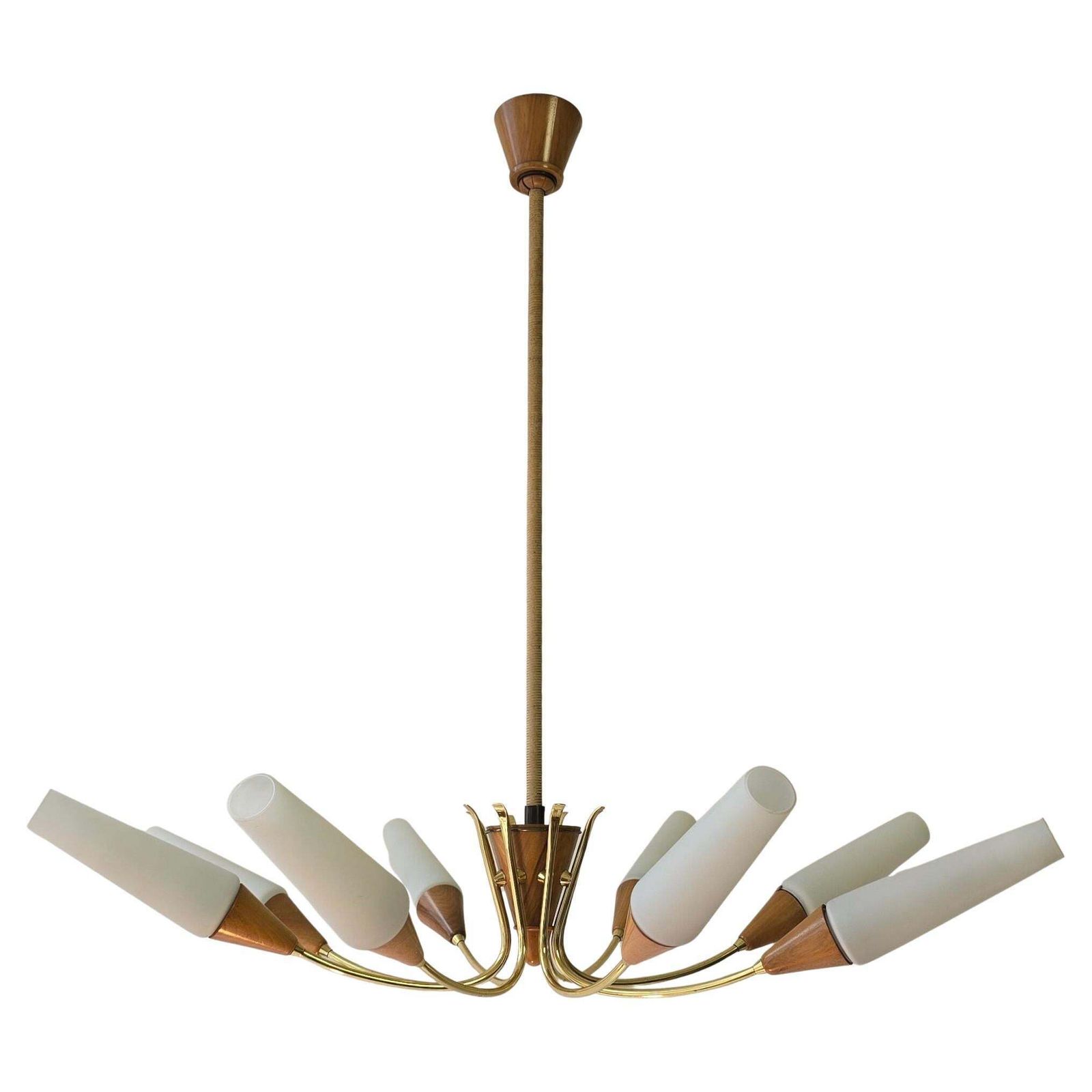 Large 1950s Italian Chandelier In Brass, Glass And Wood photo for sale