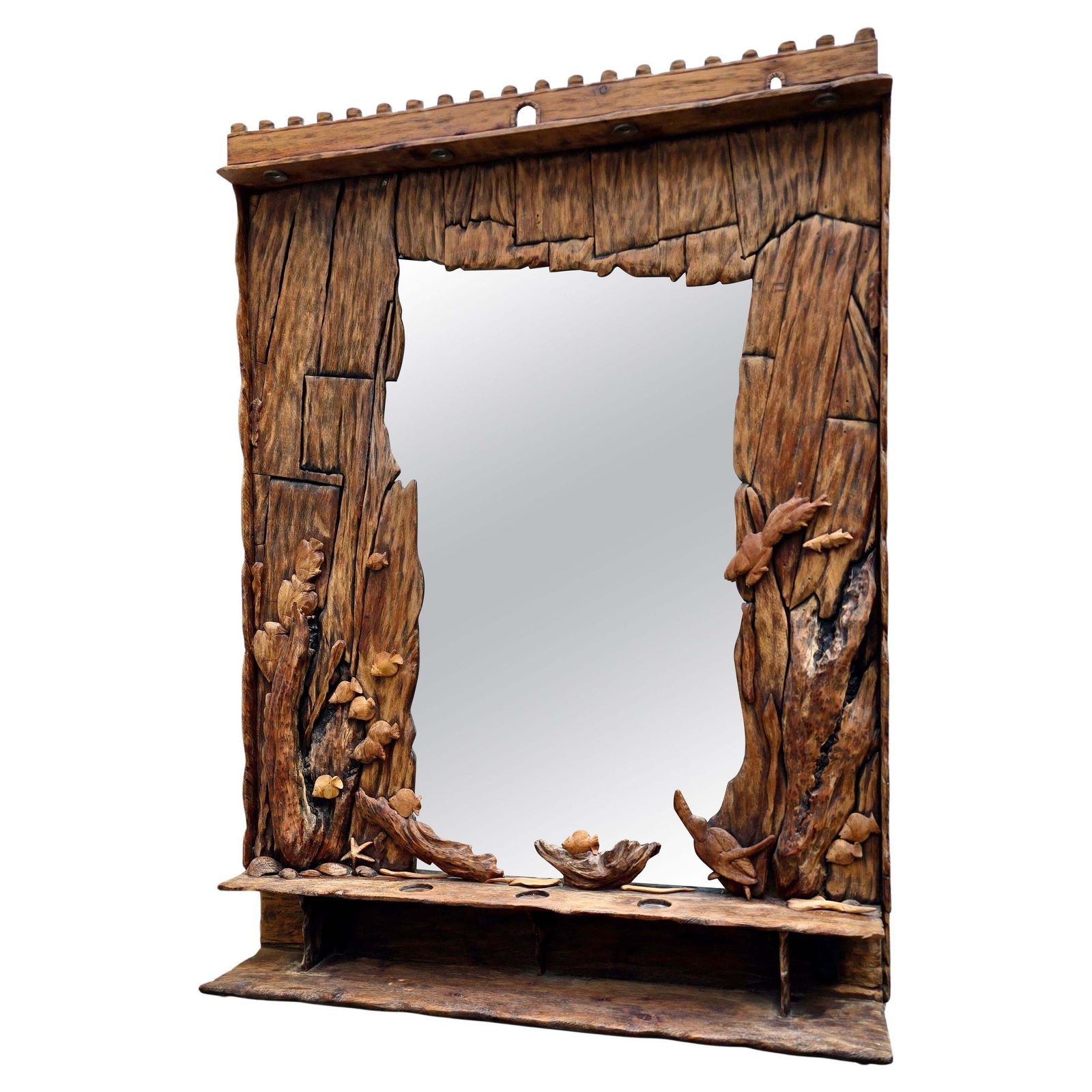 Hand Carved Wooden Mirror With Ocean Motifs