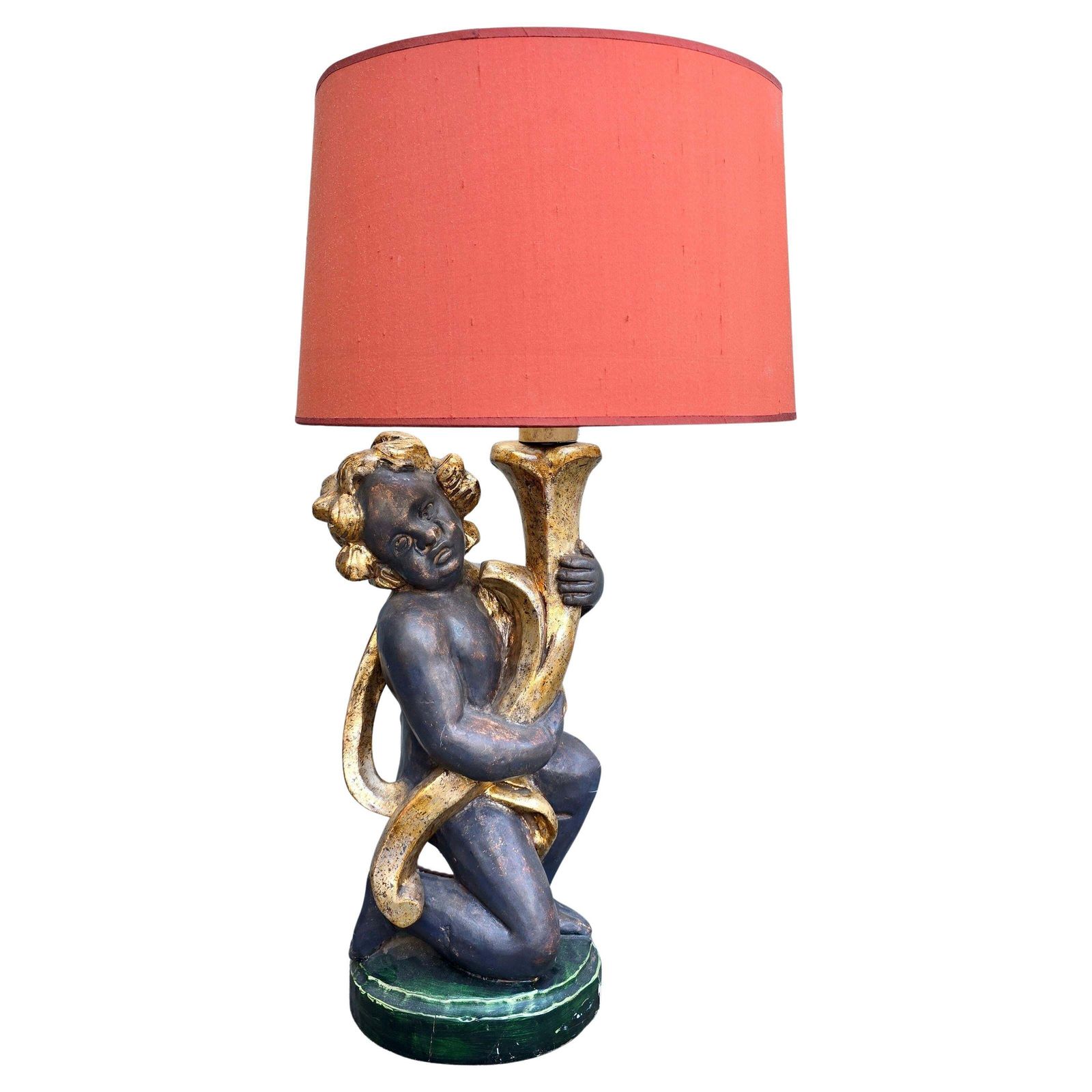 Pair Of Italian Hand Carved Cherub Lamps In Gilded Wood, Circa 1940
