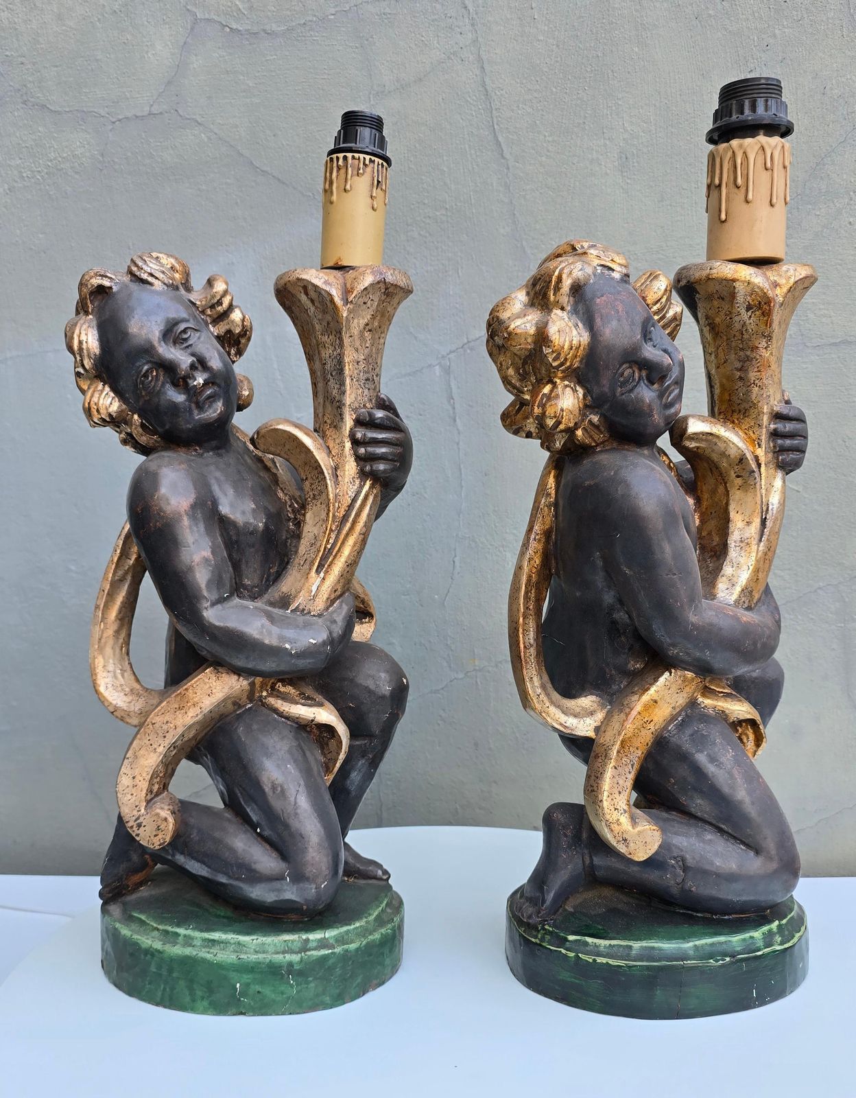 Pair Of Italian Hand Carved Cherub Lamps In Gilded Wood, Circa 1940 photo 2788.0