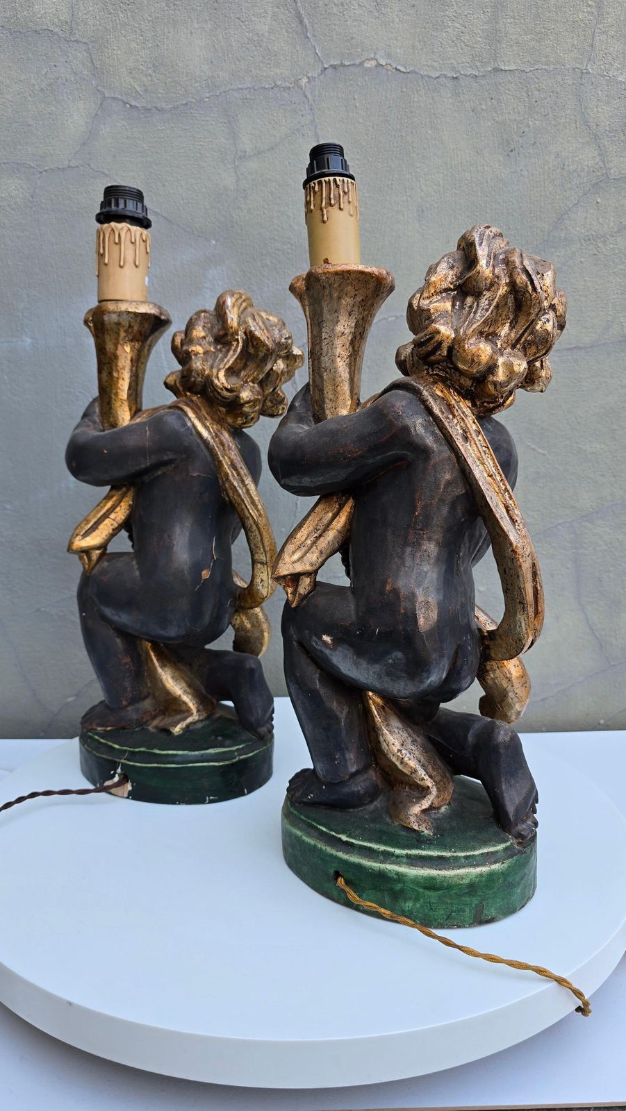 Pair Of Italian Hand Carved Cherub Lamps In Gilded Wood, Circa 1940 photo buy