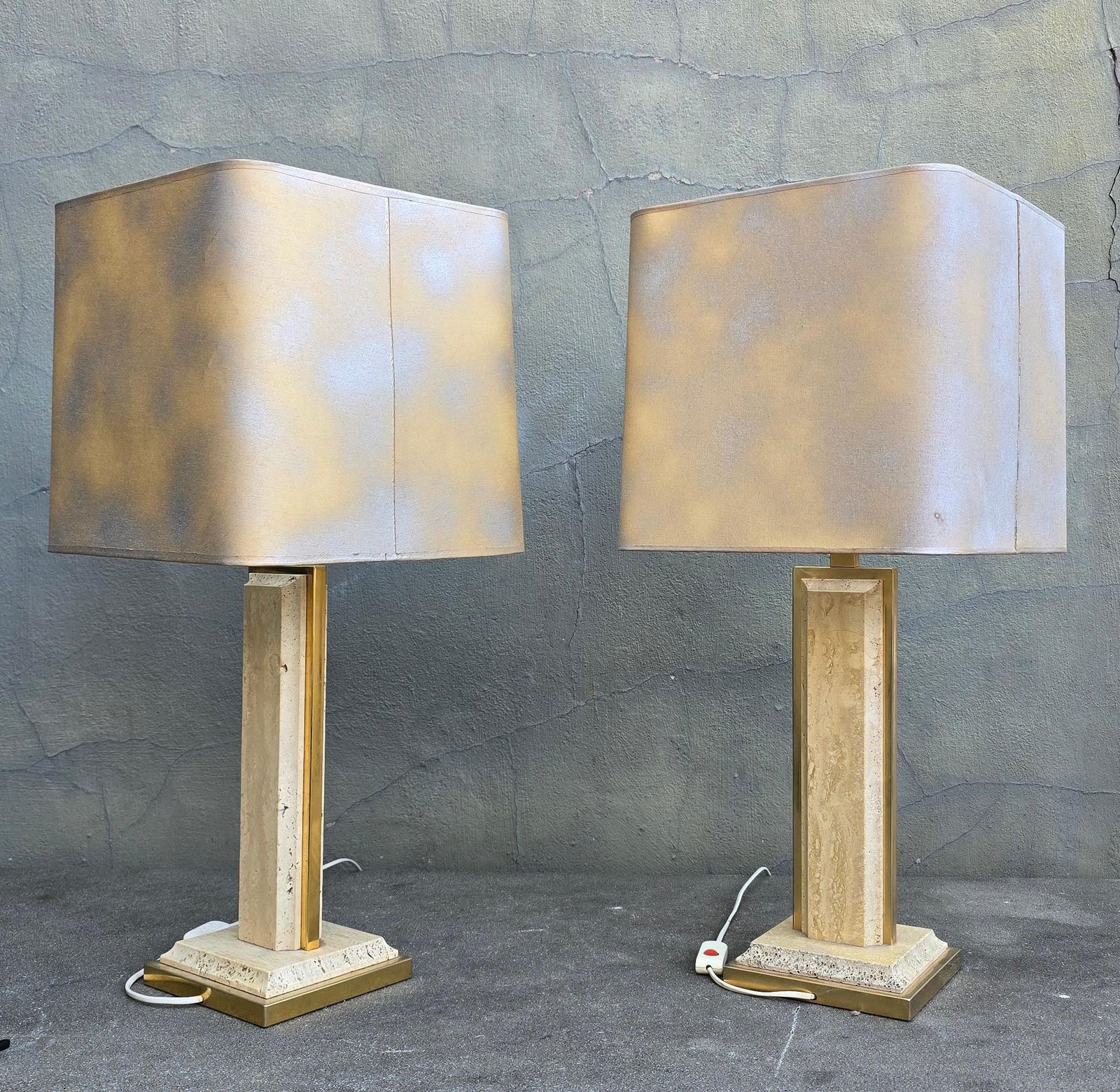 Pair Of Travertine And Brass Lamps With Square Shades – Italy, Circa 1970 photo buy