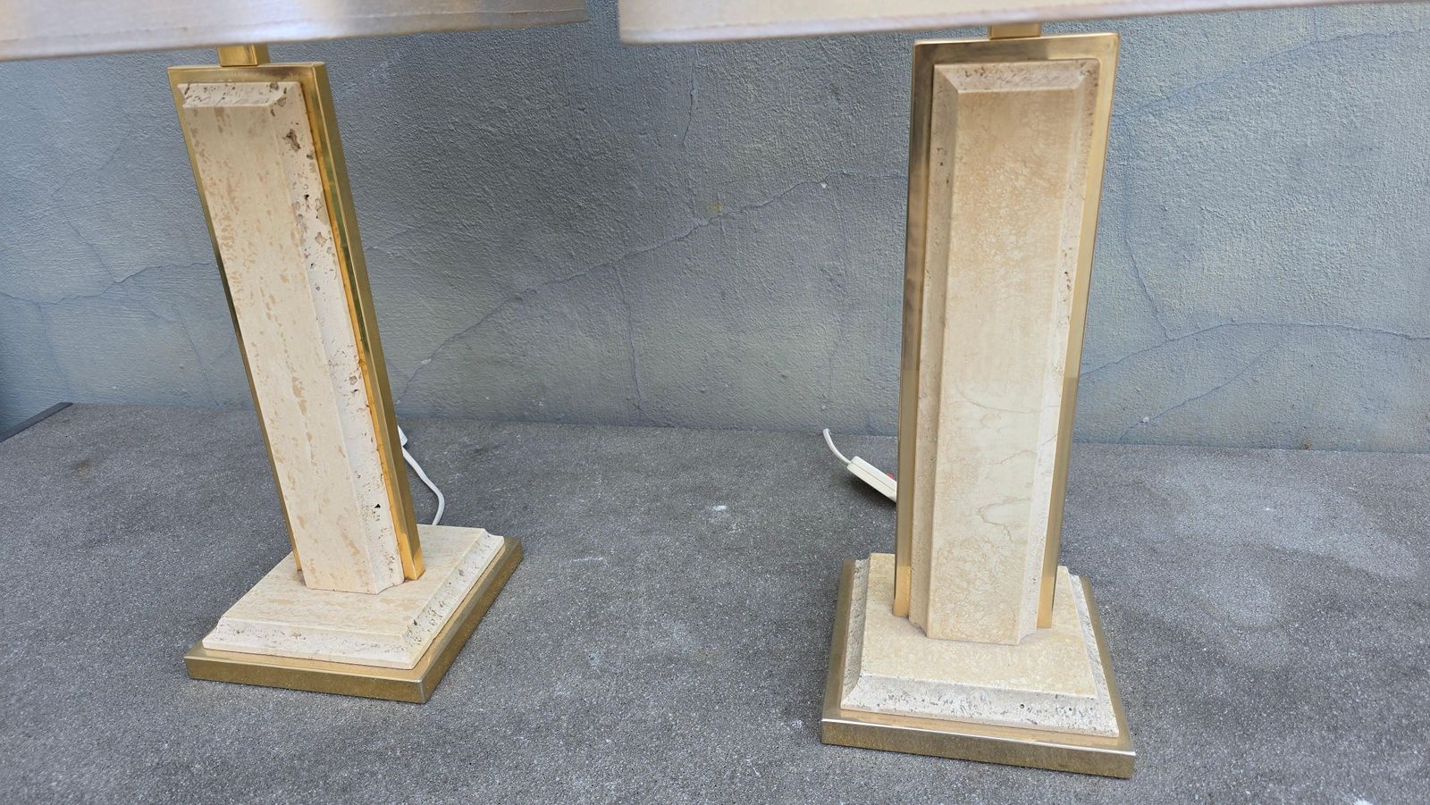 photo furniture Pair Of Travertine And Brass Lamps With Square Shades – Italy, Circa 1970