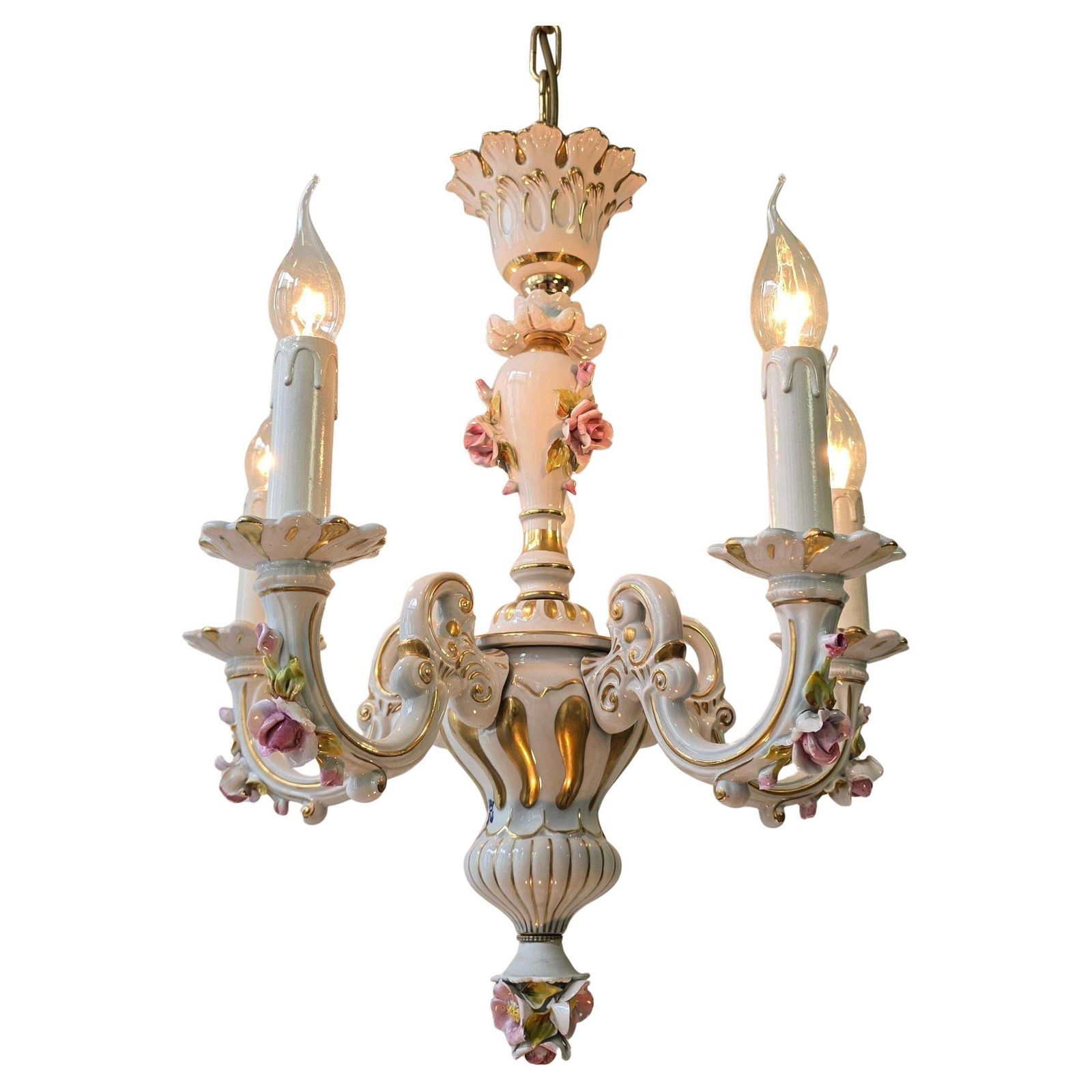 Elegant Italian Mangani Porcelain Chandelier – 5 Light, 1970s