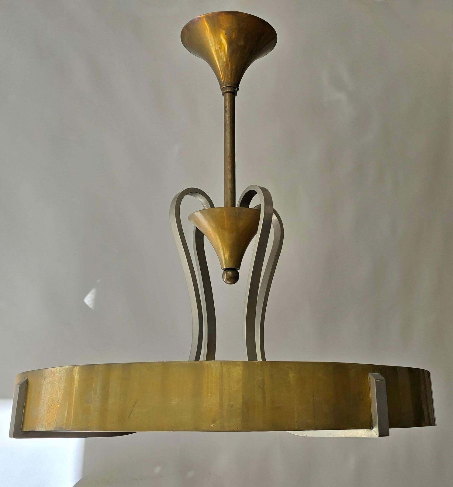 Elegant Art Deco And Bauhaus Brass And Opaline Glass Chandelier photo 5575.0