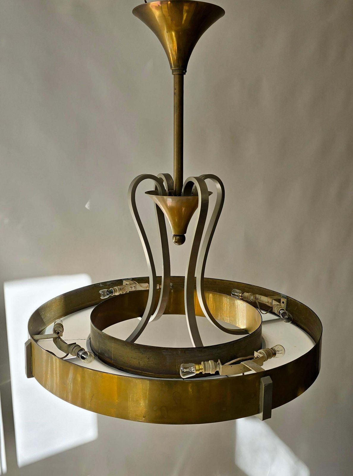 Elegant Art Deco And Bauhaus Brass And Opaline Glass Chandelier photo vintage