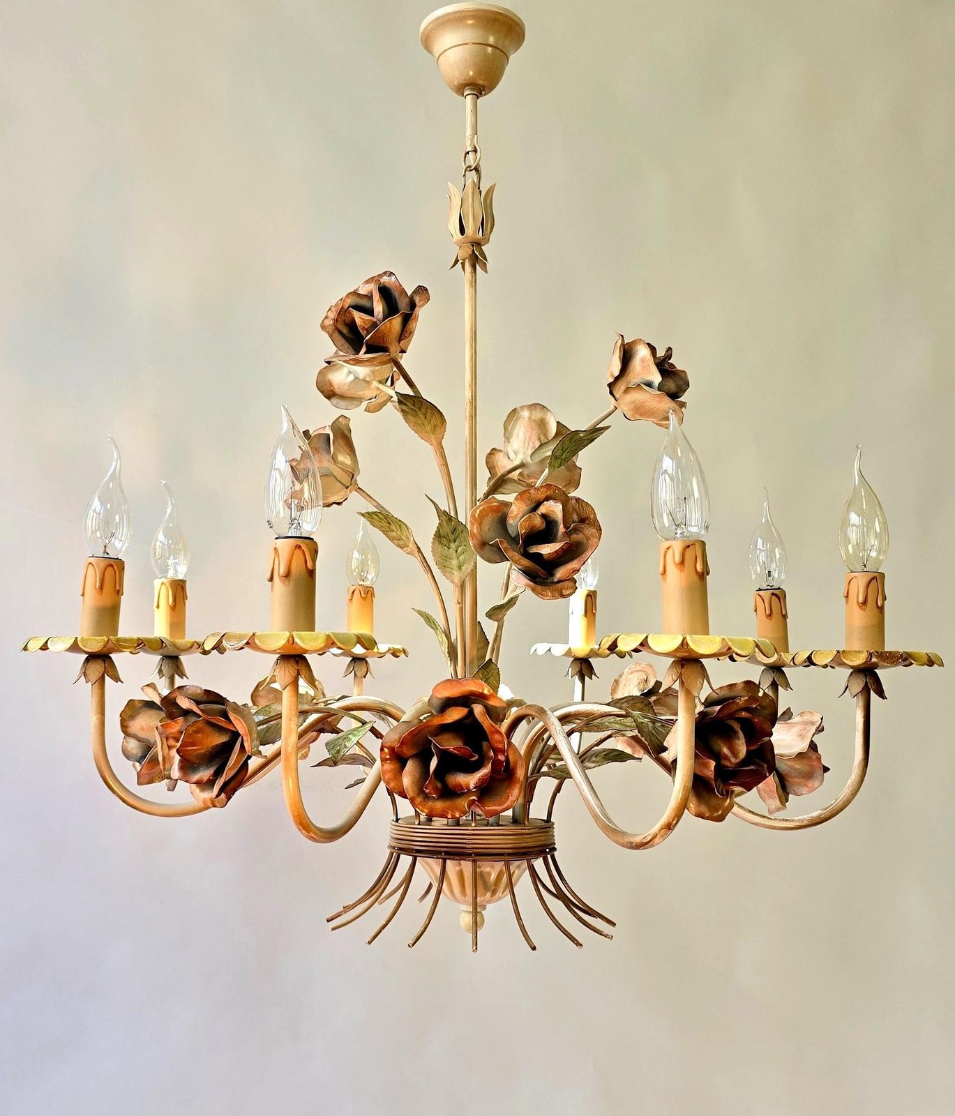 Onelegant Mid Century Italian Toleware Floral Chandelier With Hand Painted Roses photo furniture