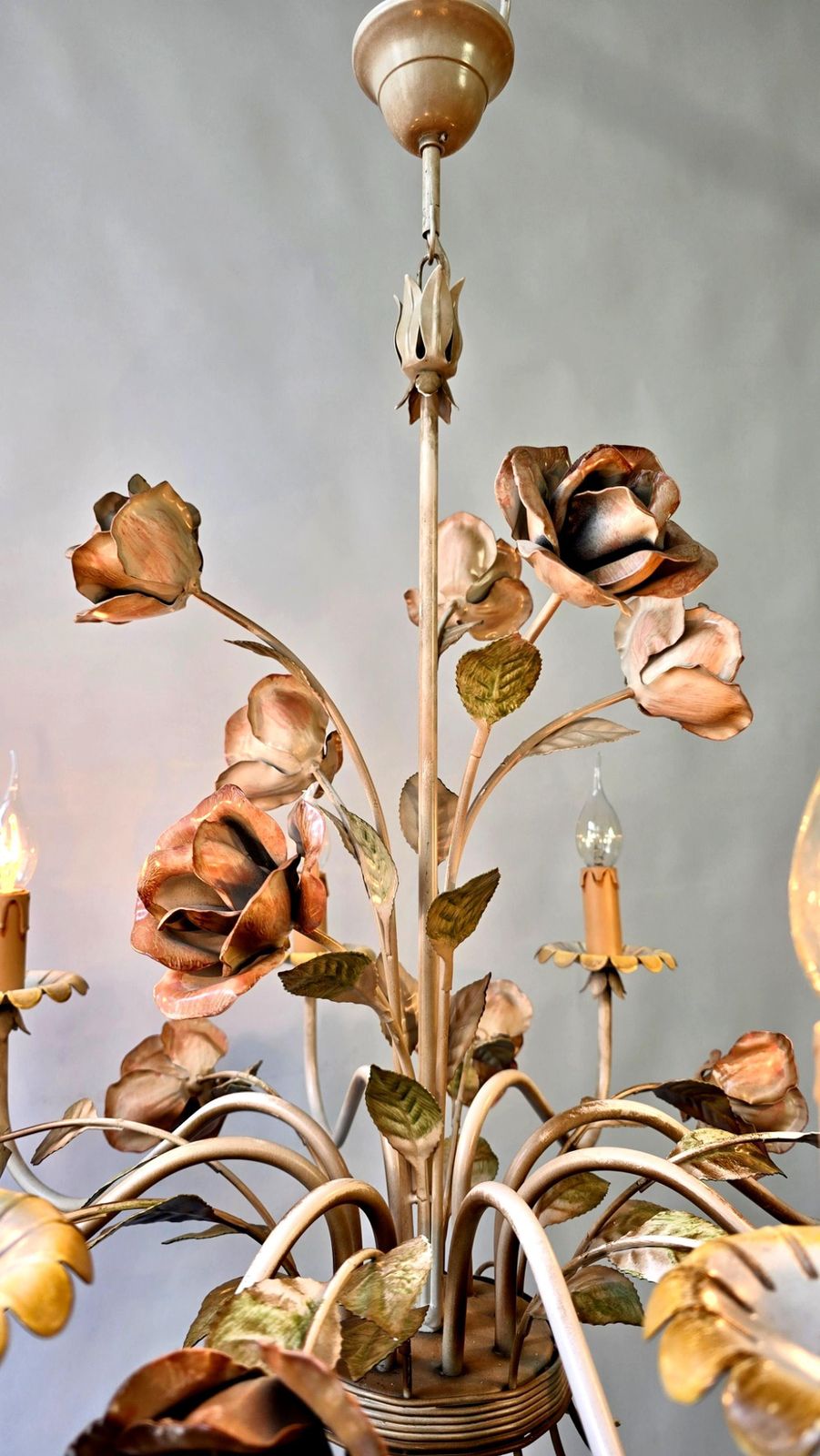 Onelegant Mid Century Italian Toleware Floral Chandelier With Hand Painted Roses photo Lighting