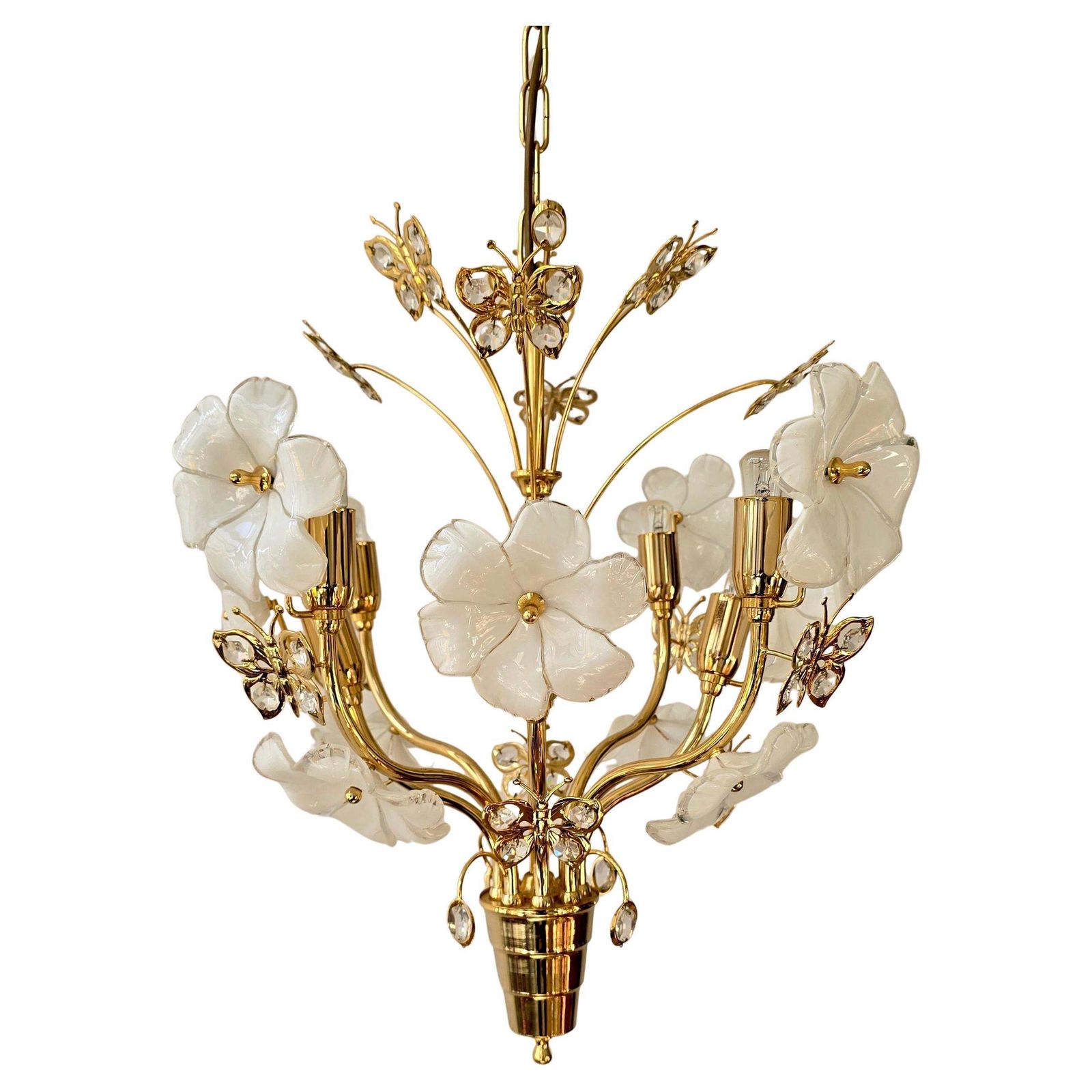 Chandelier With White Murano Glass Flowers And Crystal Butterflies