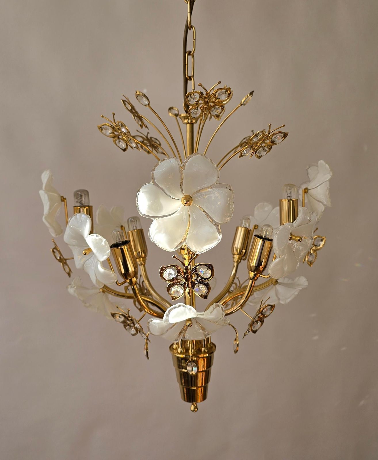 Chandelier With White Murano Glass Flowers And Crystal Butterflies photo for sale