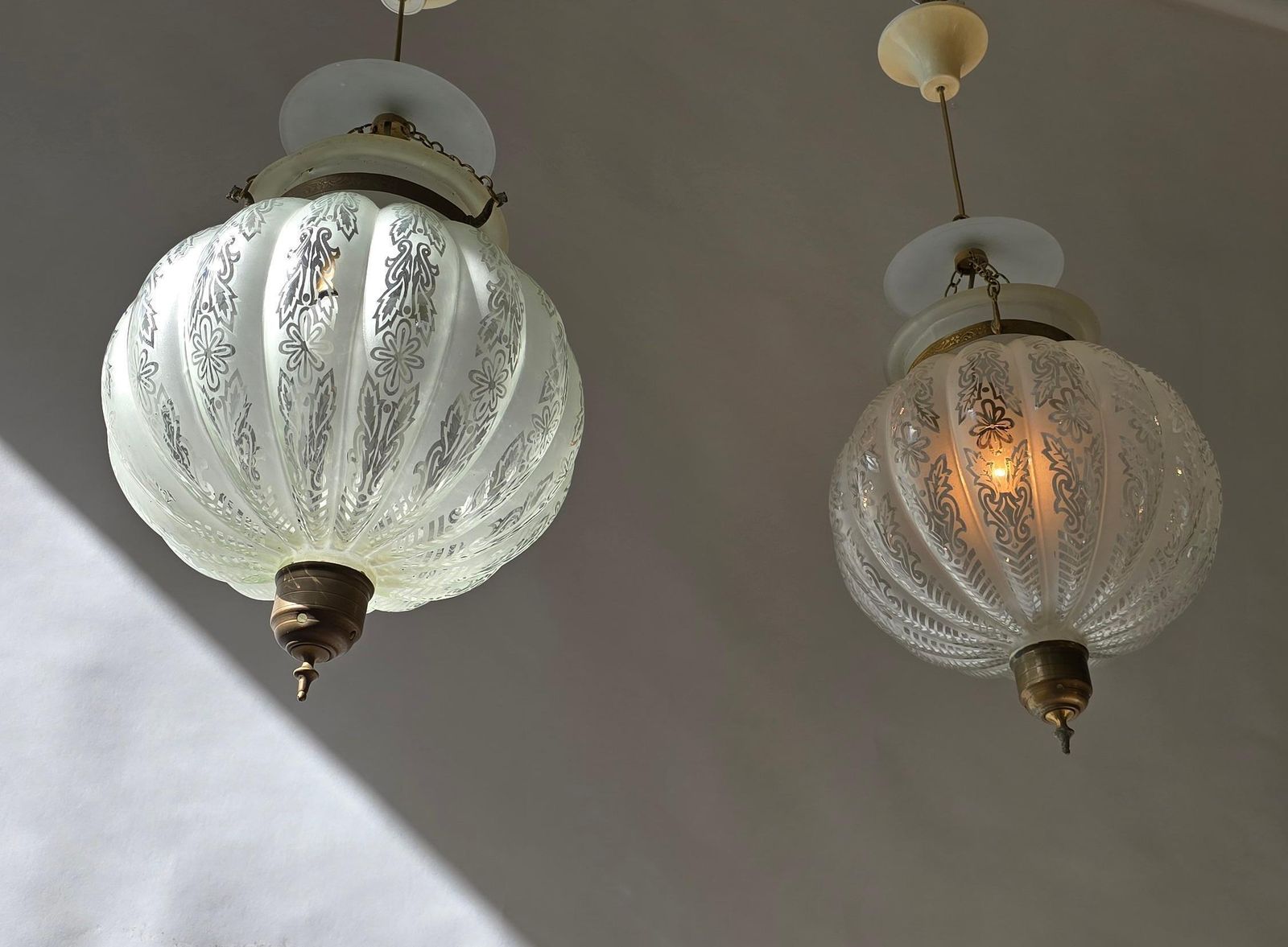 Pair Of Rare Venetian Murano Bell Jar Lanterns With Etched Glass photo for sale