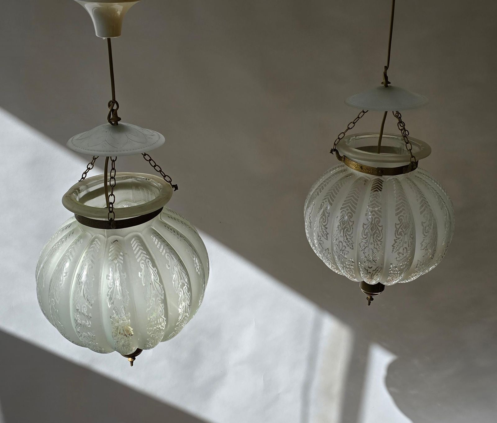 Pair Of Rare Venetian Murano Bell Jar Lanterns With Etched Glass photo vinterior