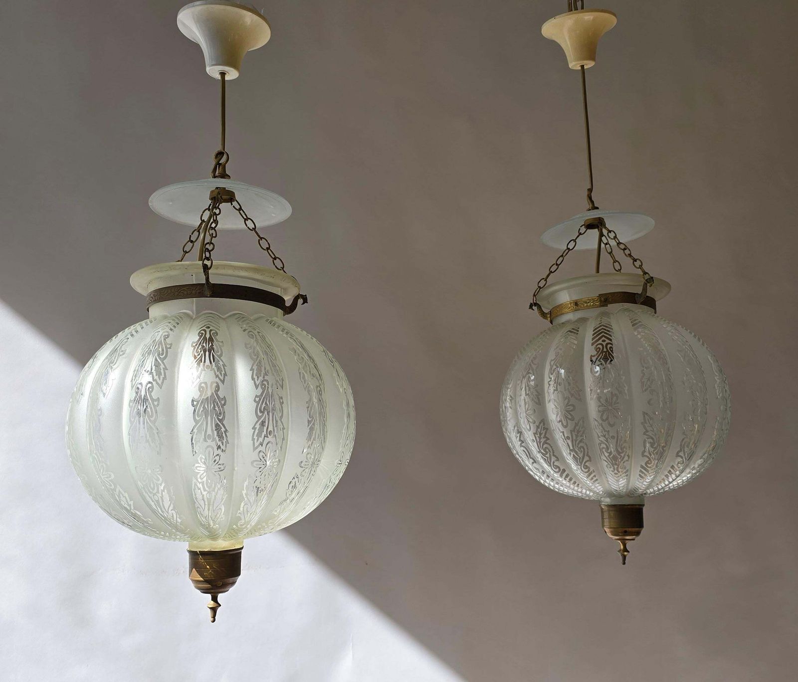 photo furniture Pair Of Rare Venetian Murano Bell Jar Lanterns With Etched Glass