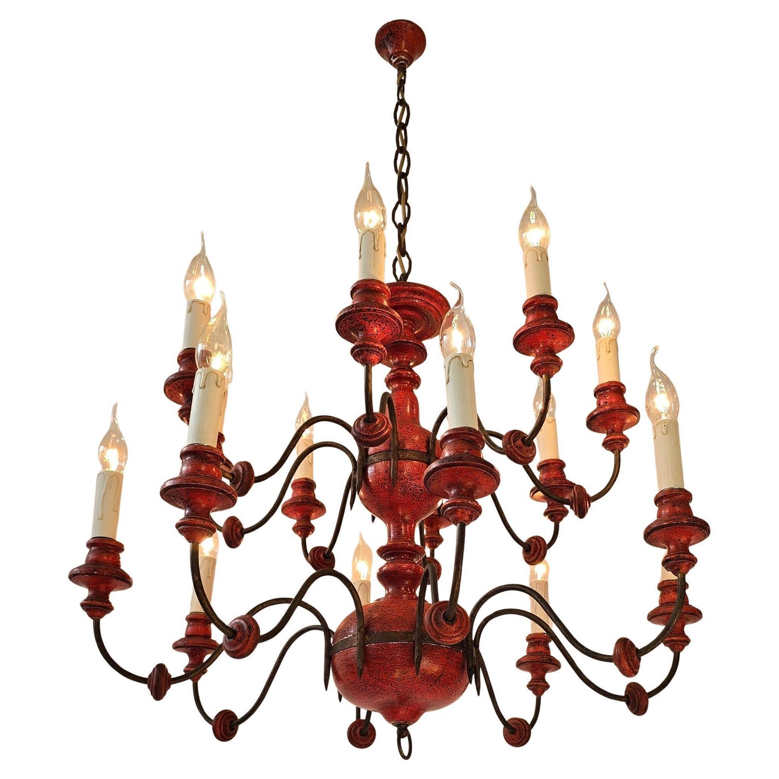 Beautiful Wooden & Iron Chandelier With 16 Arms – Unique Red Finish