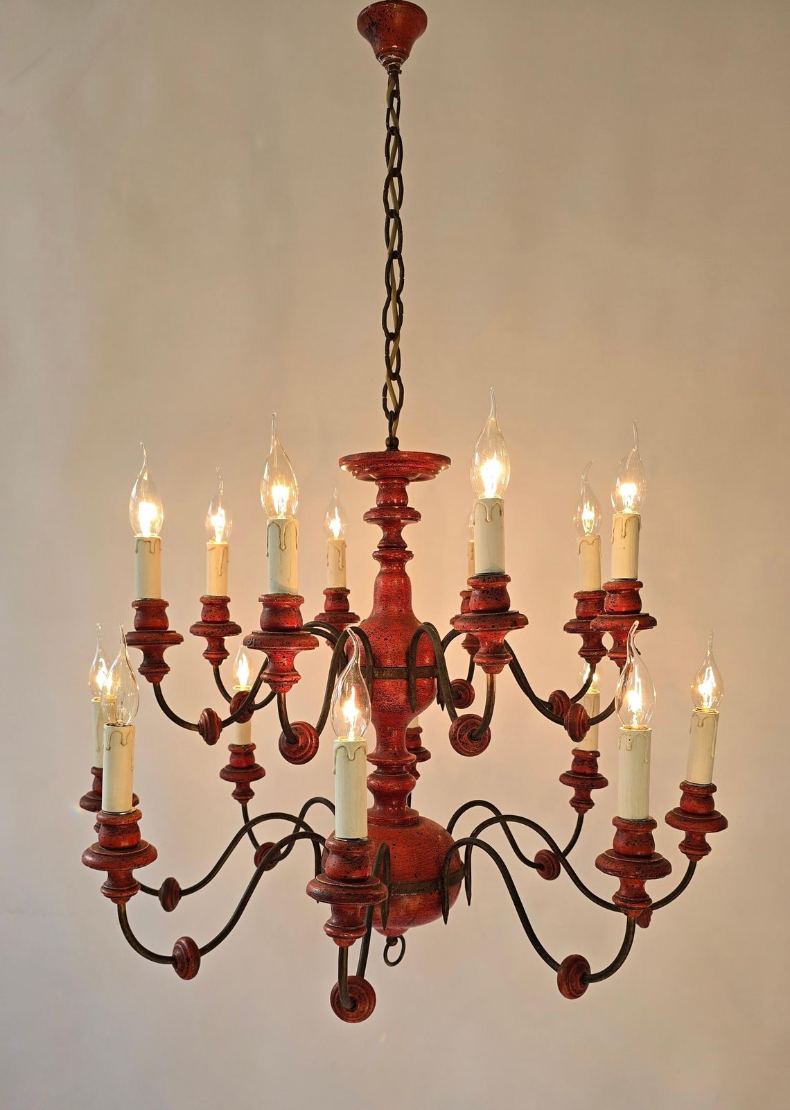 Beautiful Wooden & Iron Chandelier With 16 Arms – Unique Red Finish photo vintage