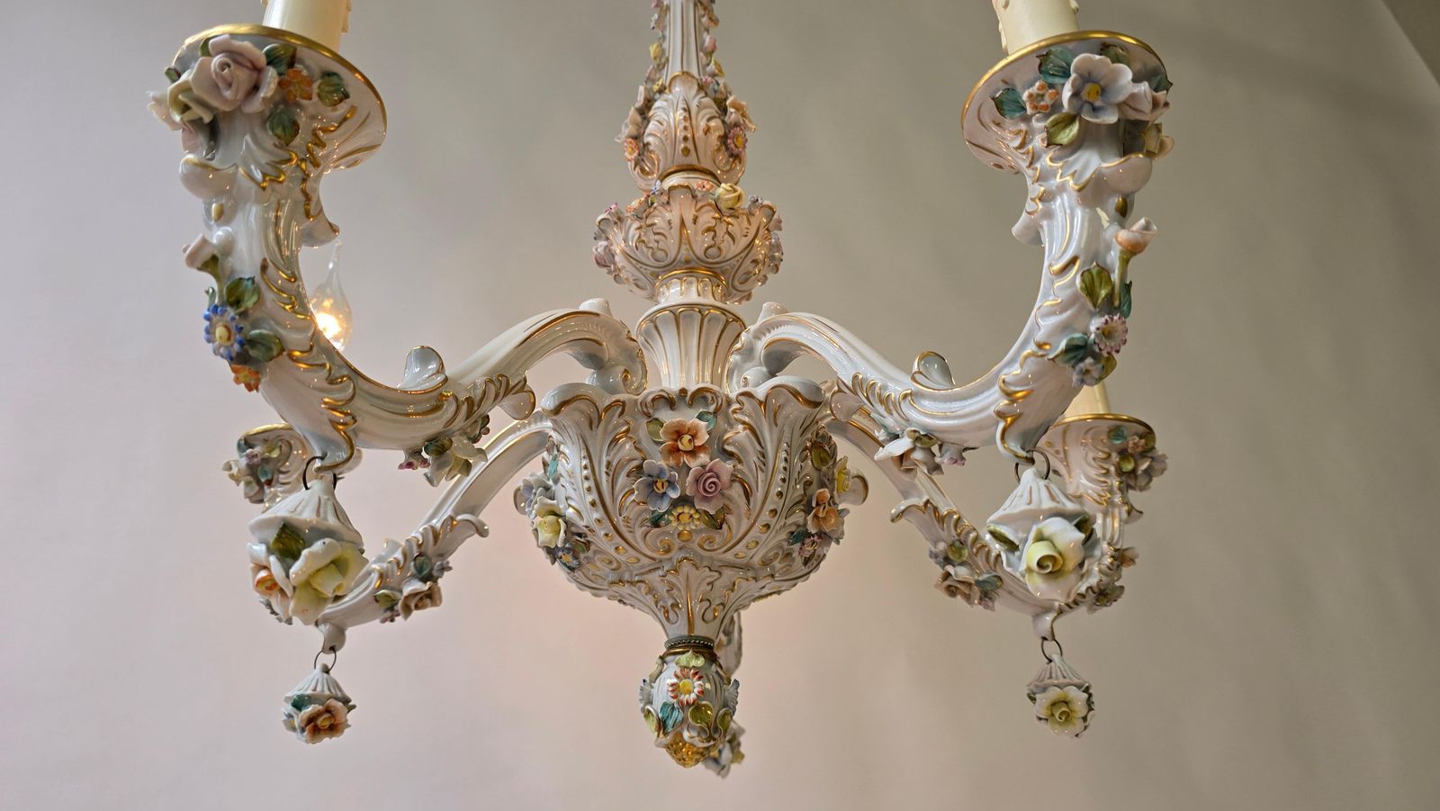 photo for sale Italian Porcelain Chandelier With Hand Painted Floral Details