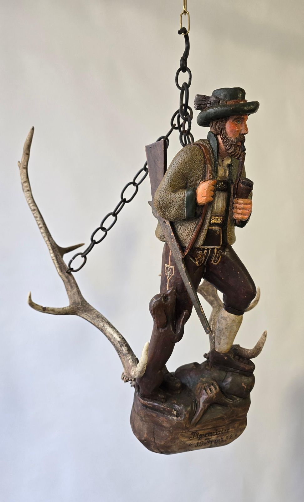 Antique Black Forest Wood Carving  Hunter Sculpture 1952 photo for sale