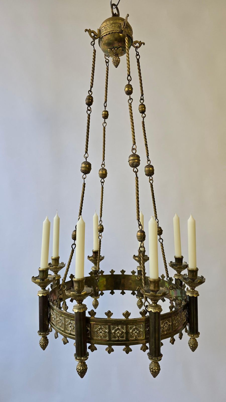 Gothic Revival Brass Church Sanctuary Lamp Candle Chandelier photo for sale